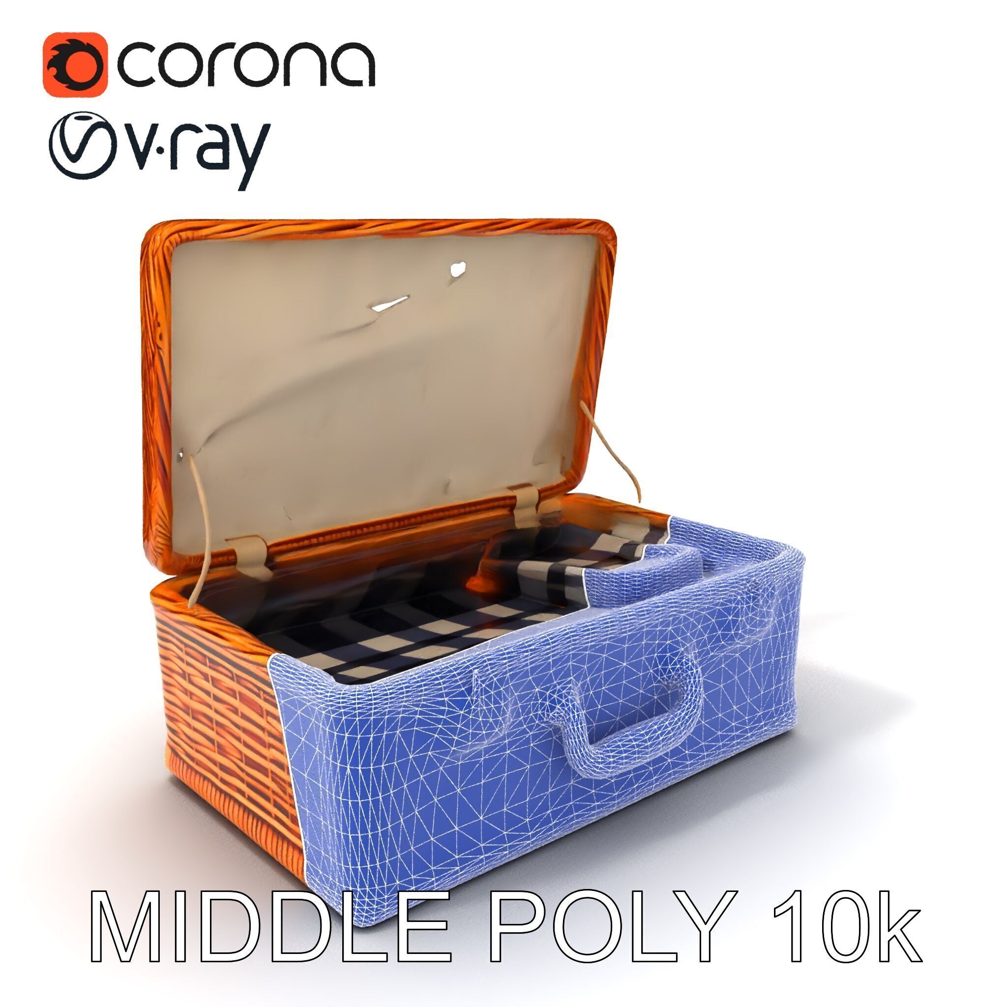 Wicker Picnic Basket Model Pack with Cloth Insert Low-poly 3D model_16