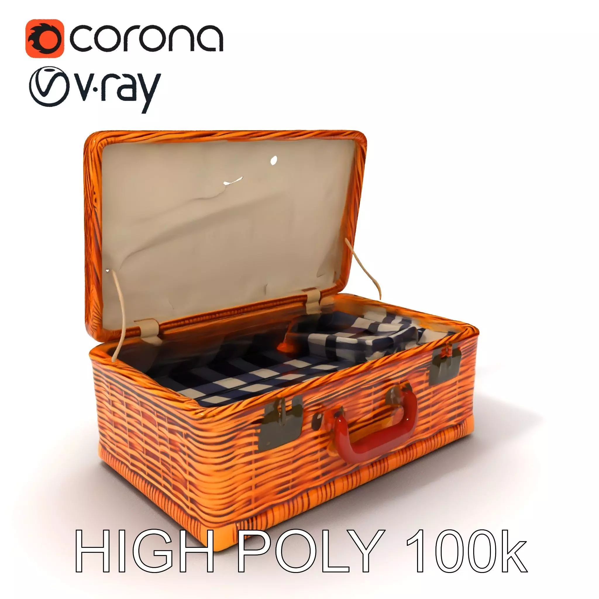 Wicker Picnic Basket Model Pack with Cloth Insert Low-poly 3D model_0