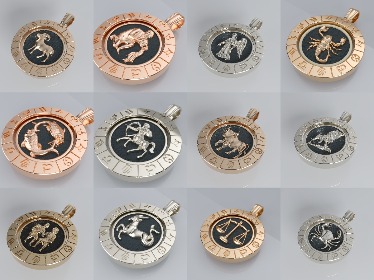 Zodiac Sign Pendants - Spinning Center - 12 Pendant Bundle 3D Model Collection_1