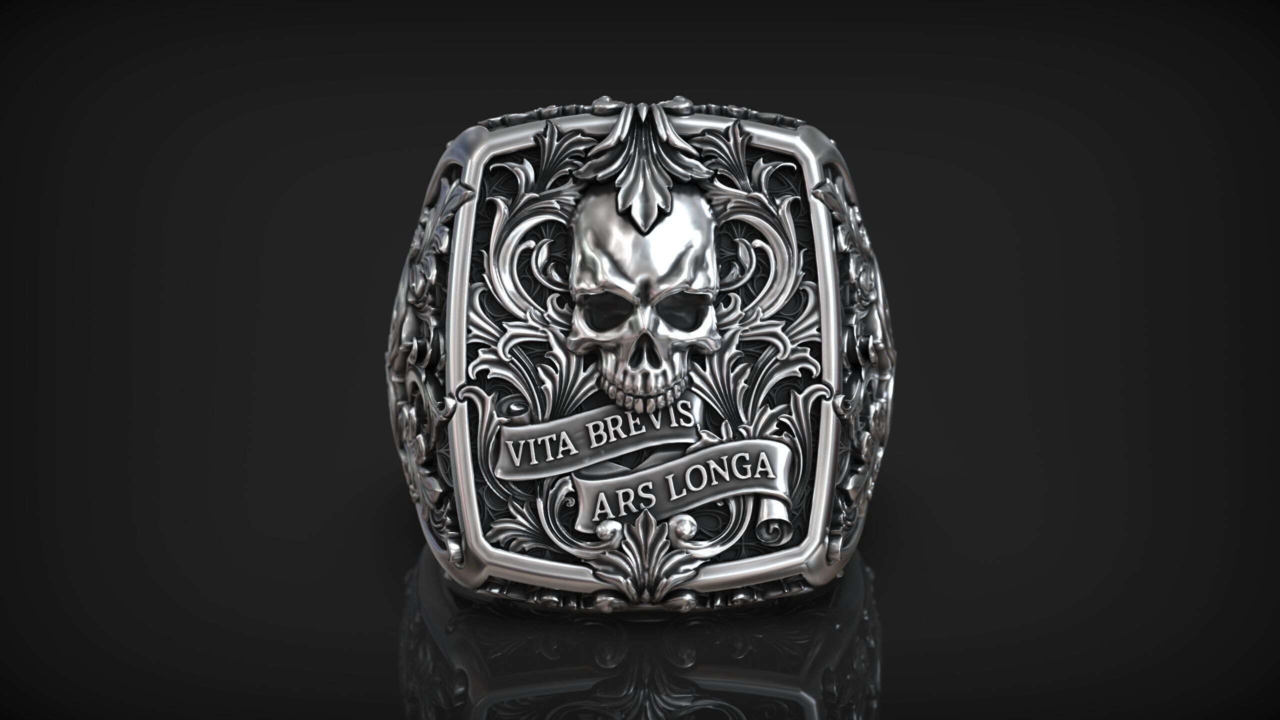 Victorian Gothic Skull Ring 3D Model Vita Brevis Ars Longa 3D print model_1