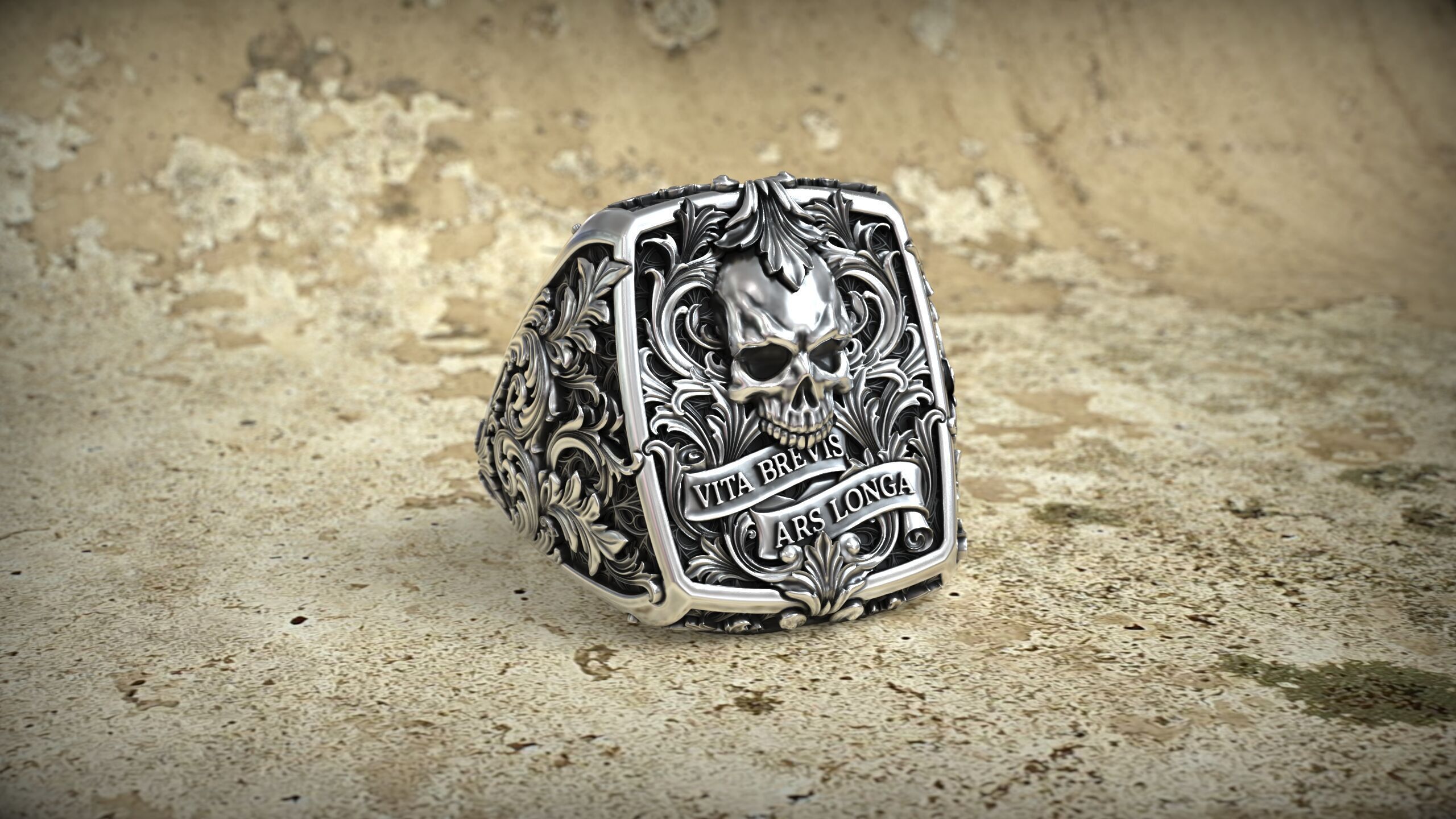 Victorian Gothic Skull Ring 3D Model Vita Brevis Ars Longa 3D print model_3