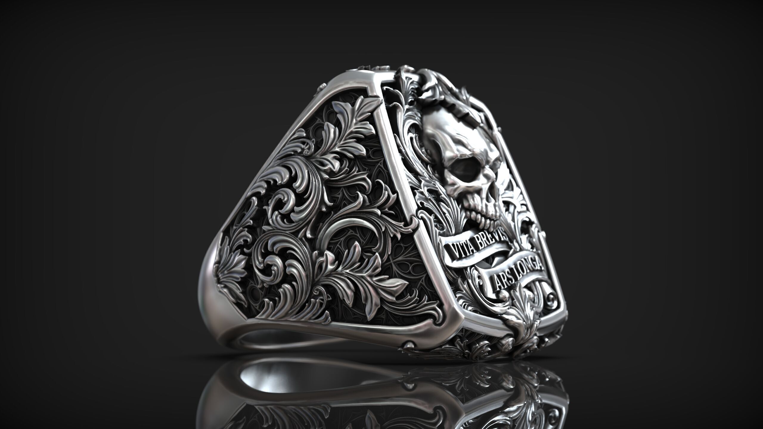 Victorian Gothic Skull Ring 3D Model Vita Brevis Ars Longa 3D print model_2
