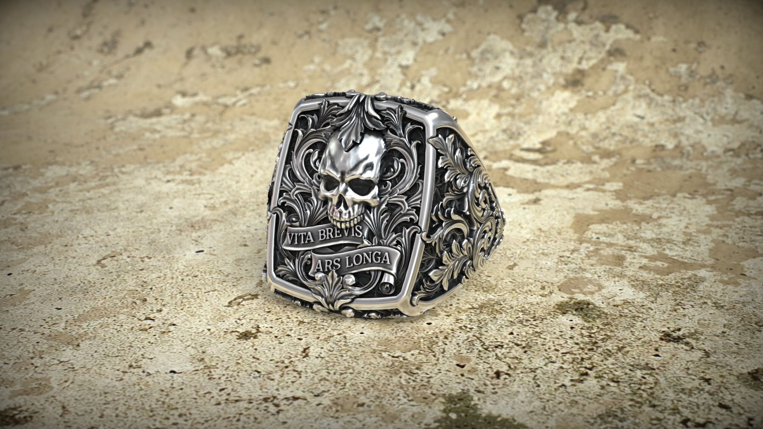 Victorian Gothic Skull Ring 3D Model Vita Brevis Ars Longa 3D print model_9