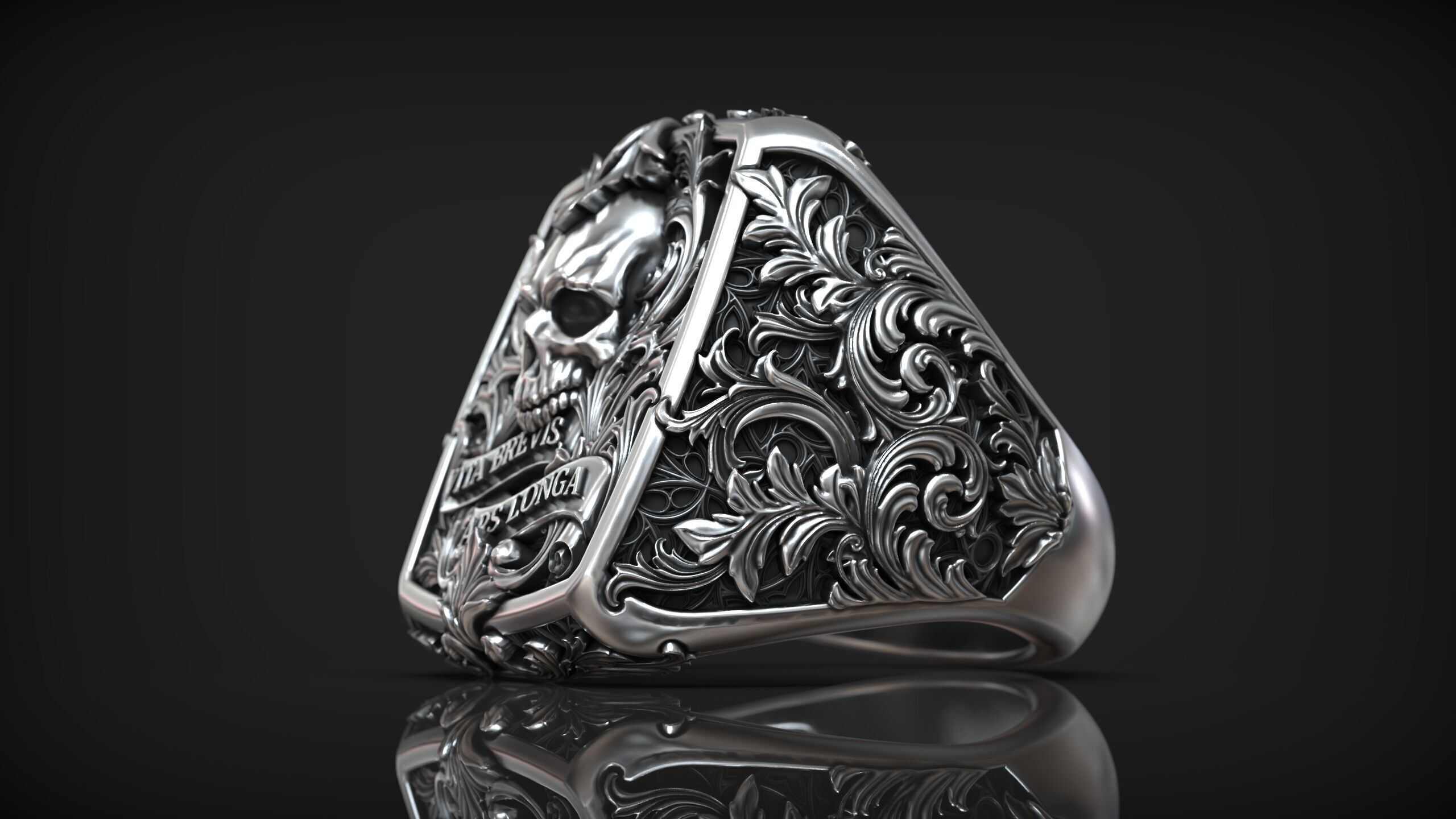 Victorian Gothic Skull Ring 3D Model Vita Brevis Ars Longa 3D print model_7