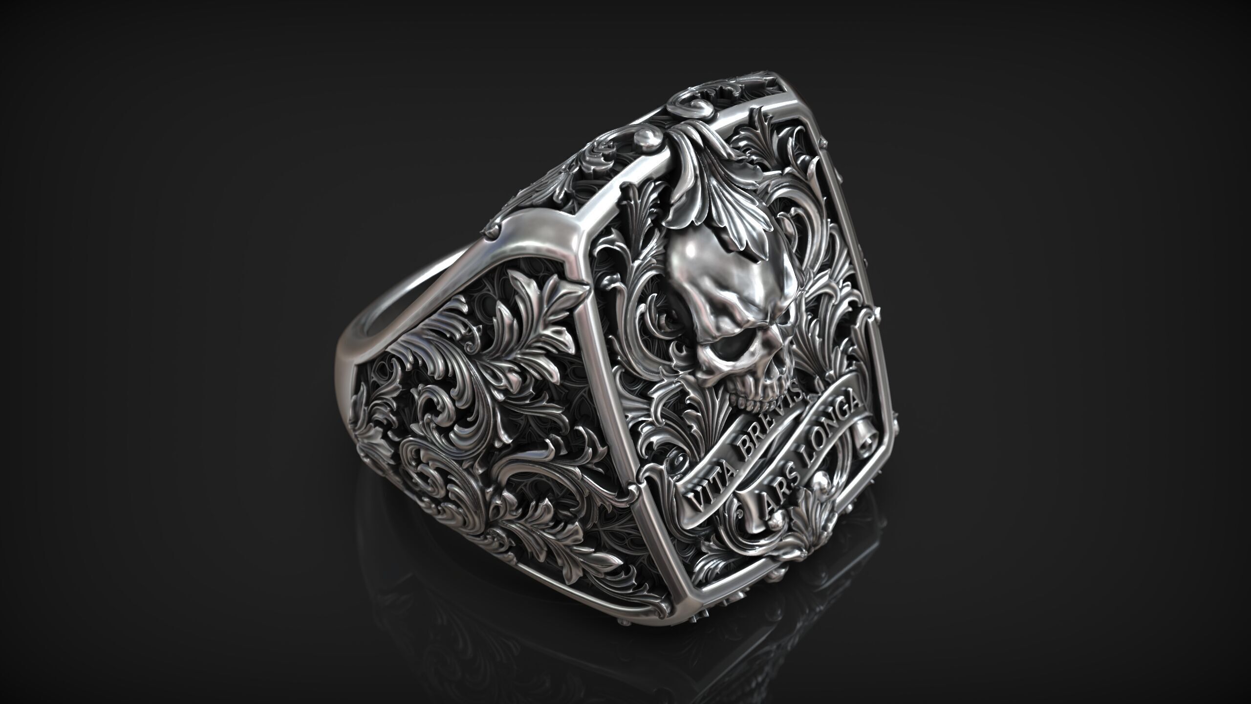 Victorian Gothic Skull Ring 3D Model Vita Brevis Ars Longa 3D print model_5