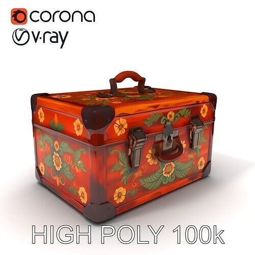 Vintage Floral Wooden Suitcase Model Pack Low-poly 3D model