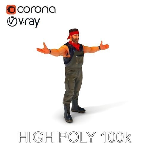 Stylish Rugged Worker D Model in Overalls and Bandana Low-poly 3D model