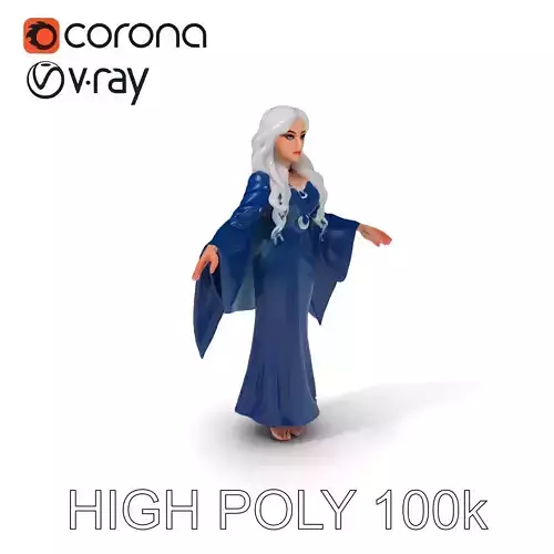 Celestial Sorceress with Silver Hair in Flowing Blue Gown Low-poly 3D model