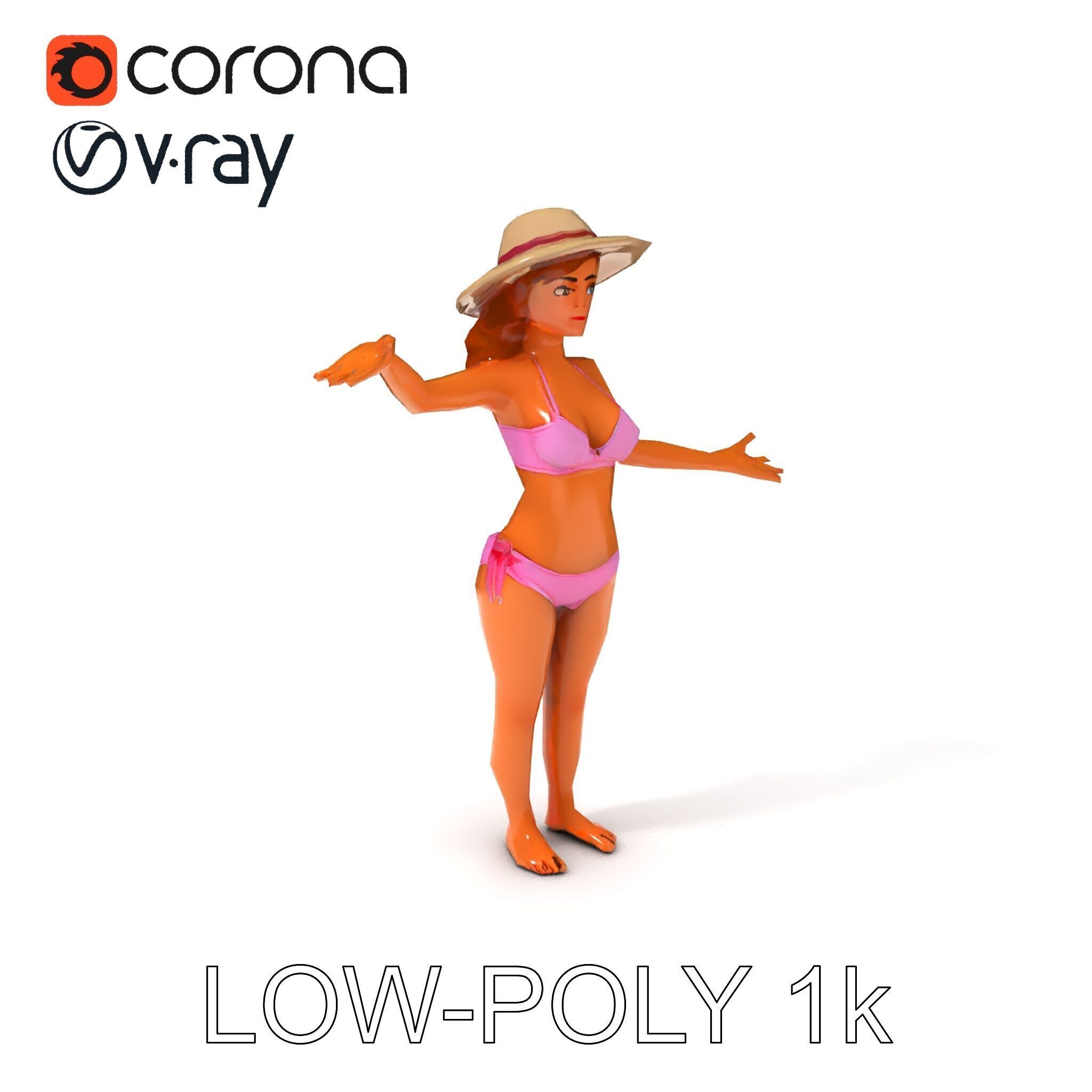 Summer Beach Diva Stylized D Character Model in Bikini and Hat Low-poly 3D model_27