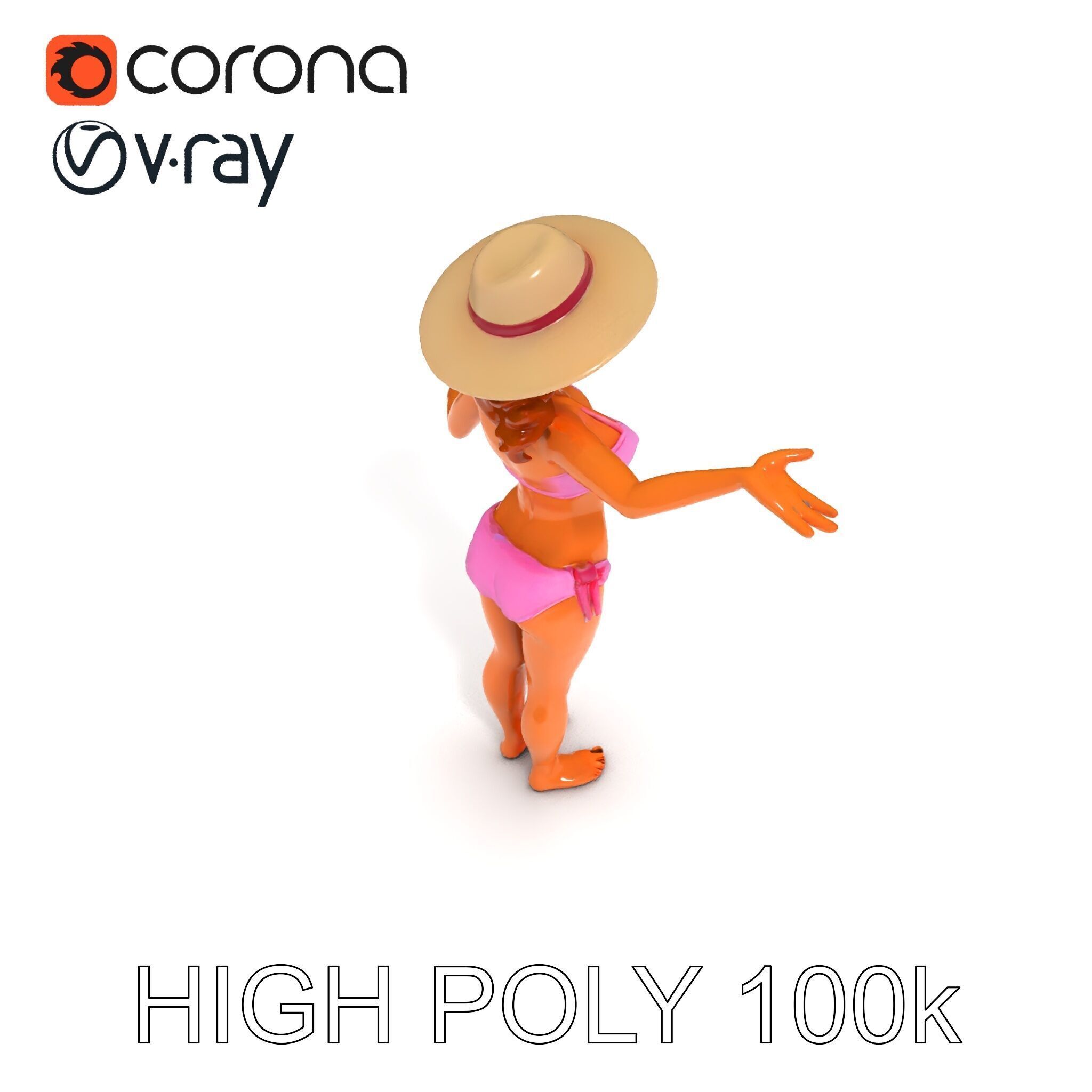Summer Beach Diva Stylized D Character Model in Bikini and Hat Low-poly 3D model_36