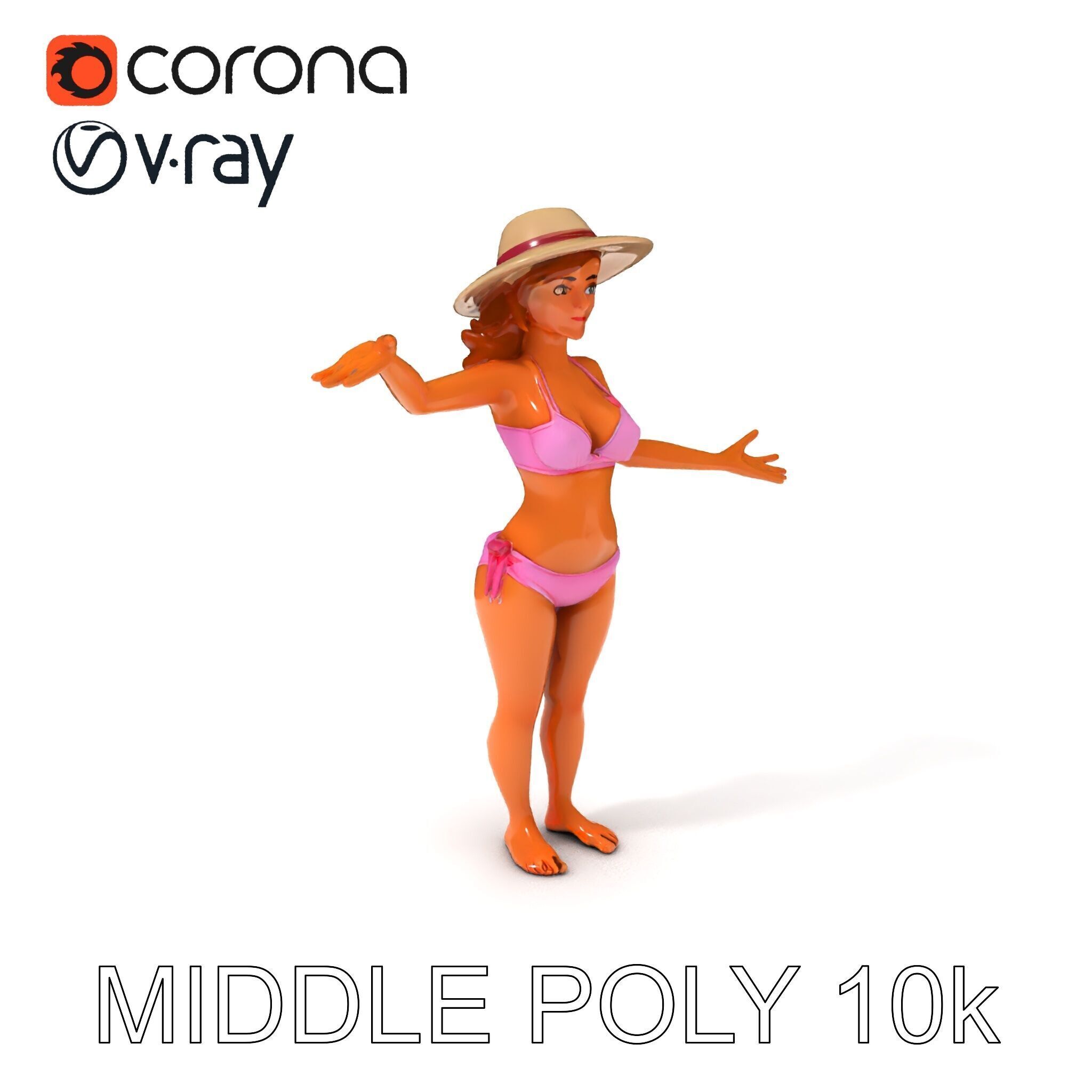Summer Beach Diva Stylized D Character Model in Bikini and Hat Low-poly 3D model_18