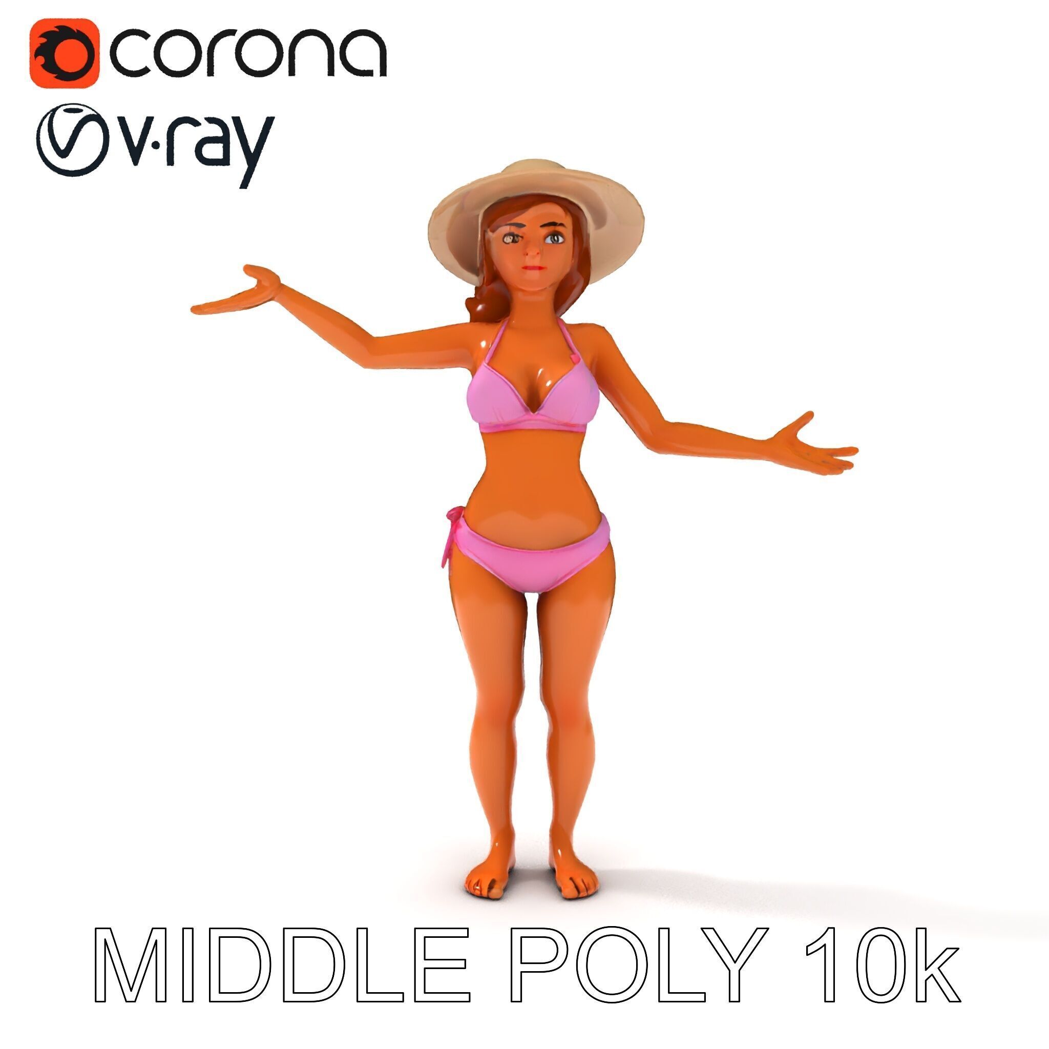 Summer Beach Diva Stylized D Character Model in Bikini and Hat Low-poly 3D model_30