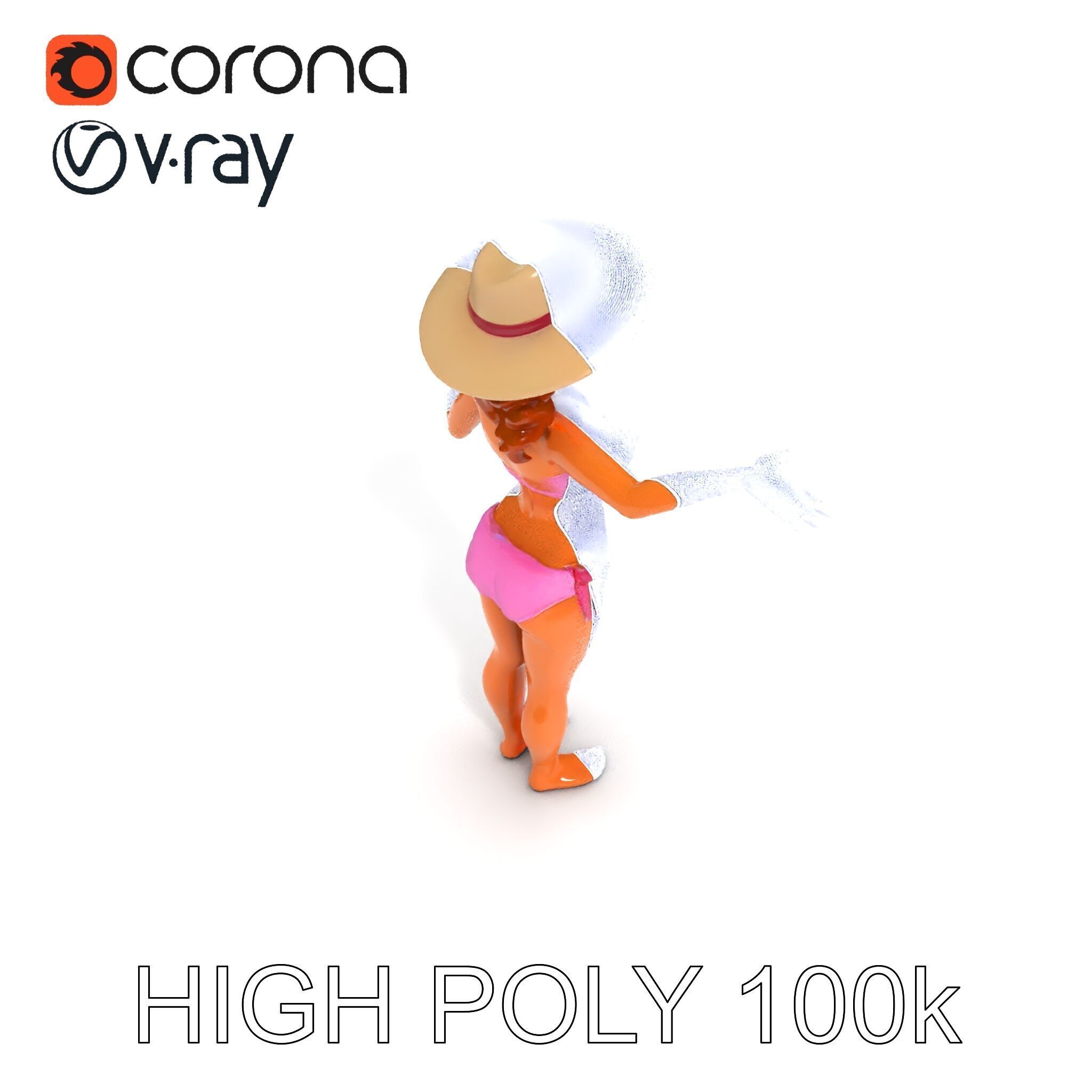 Summer Beach Diva Stylized D Character Model in Bikini and Hat Low-poly 3D model_20