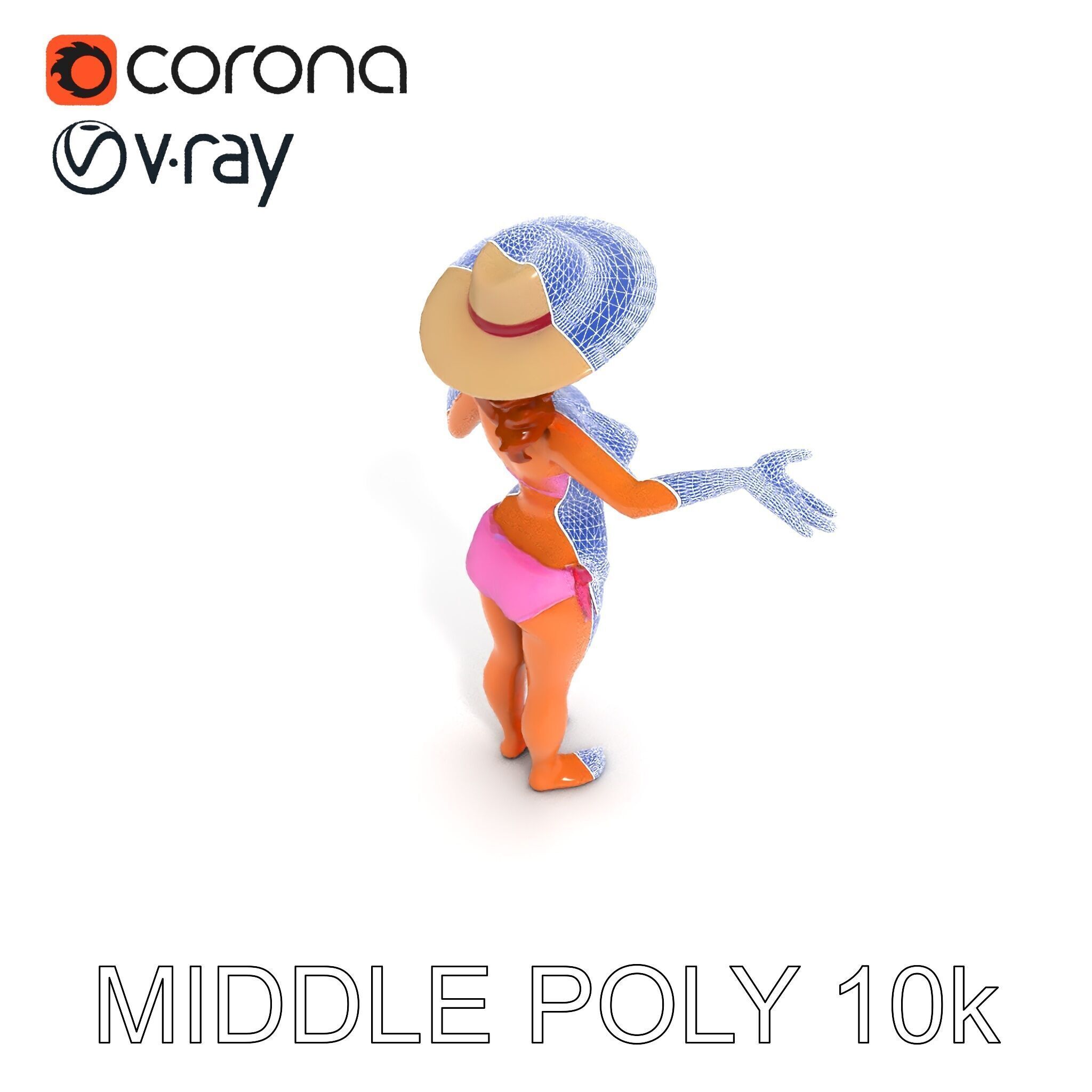 Summer Beach Diva Stylized D Character Model in Bikini and Hat Low-poly 3D model_15