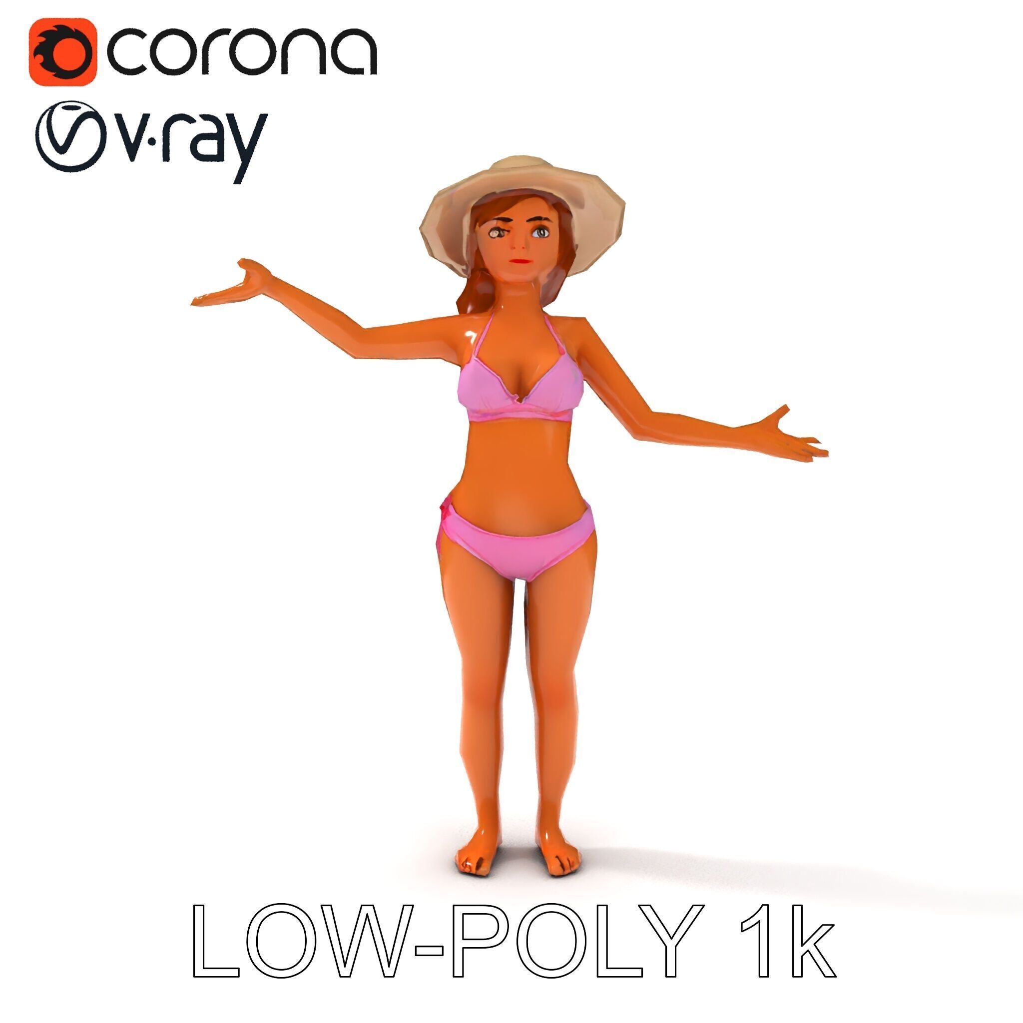 Summer Beach Diva Stylized D Character Model in Bikini and Hat Low-poly 3D model_13