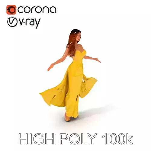 Elegant Female Character in Gold Dress for Game and Animation Low-poly 3D model