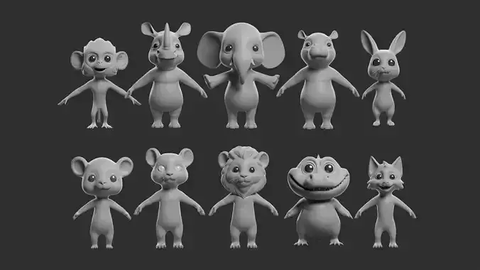 10 Wild Animals Cartoon II Basemesh 3D Model Collection