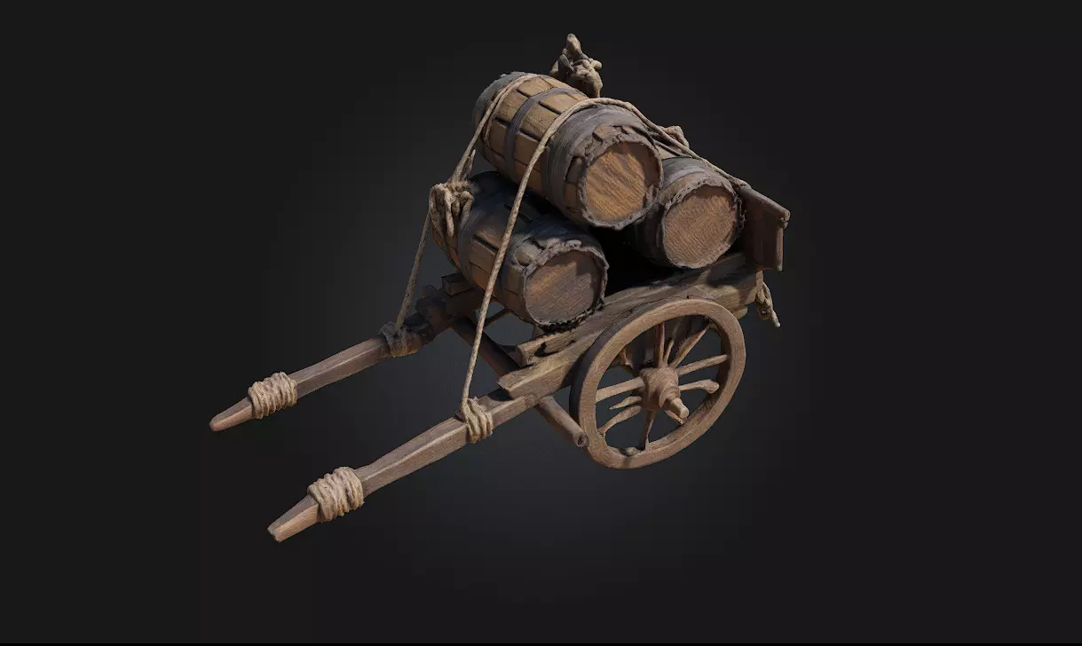 Barrel Cart Rustic Utility on Wheeled Framework 3D model_0