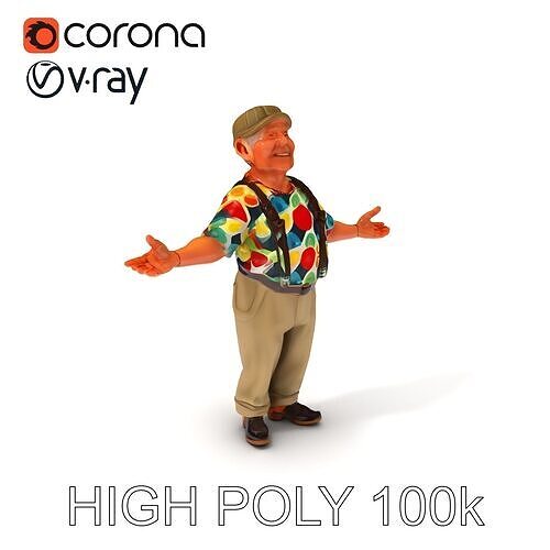 Cheerful Grandpa Paul  Colorful Shirt Suspenders Cap D Rigged... Low-poly 3D model