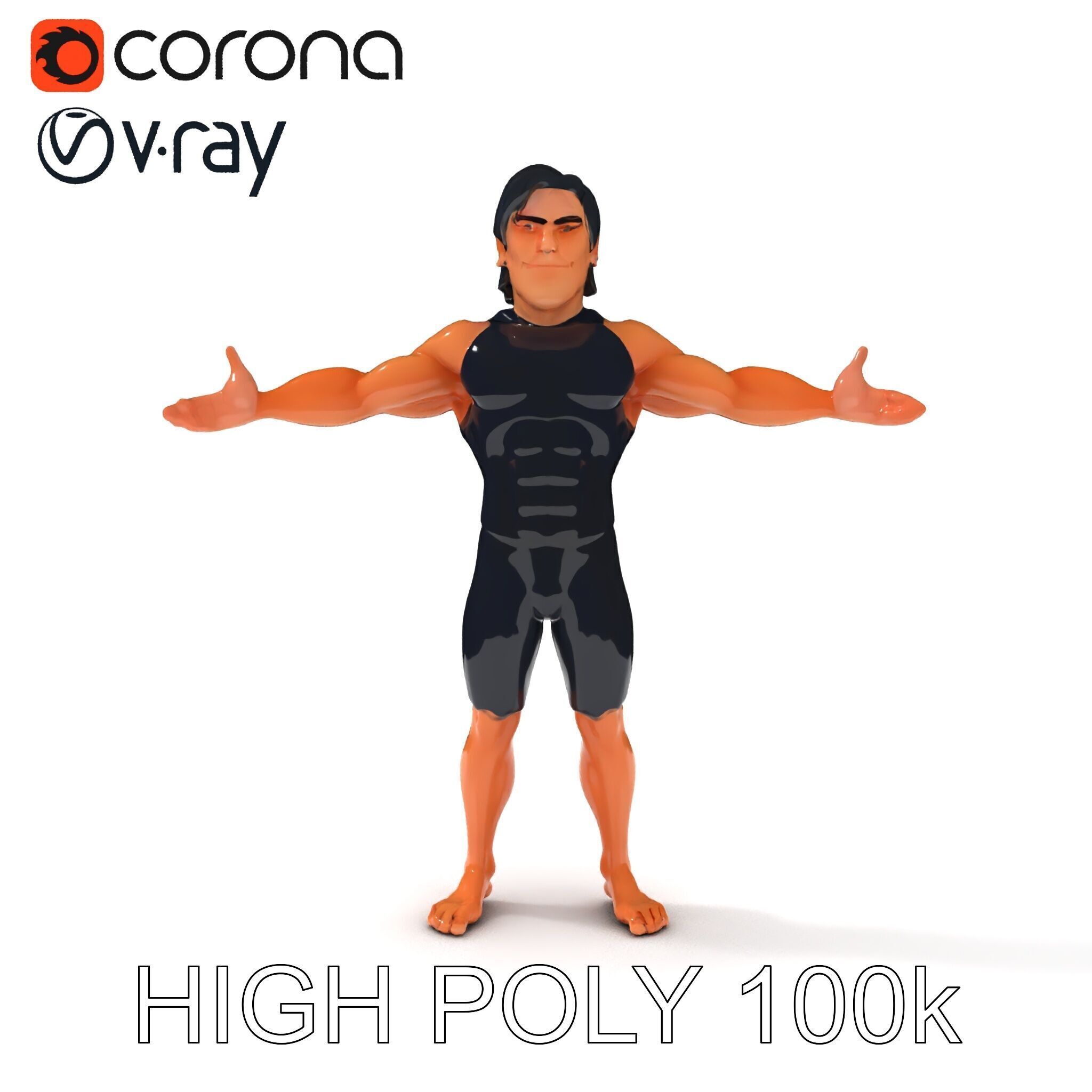 Athletic D Character Model in Black Suit for Animation and Games Low-poly 3D model_10