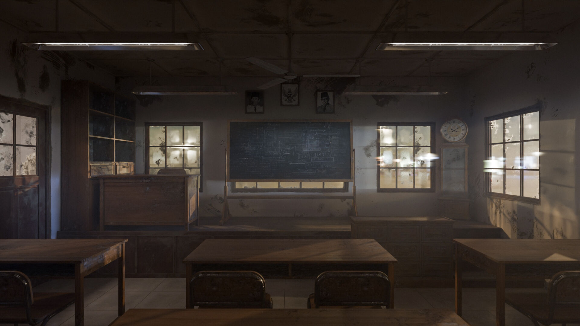 Abandoned classroom interior scene Low-poly 3D model_1
