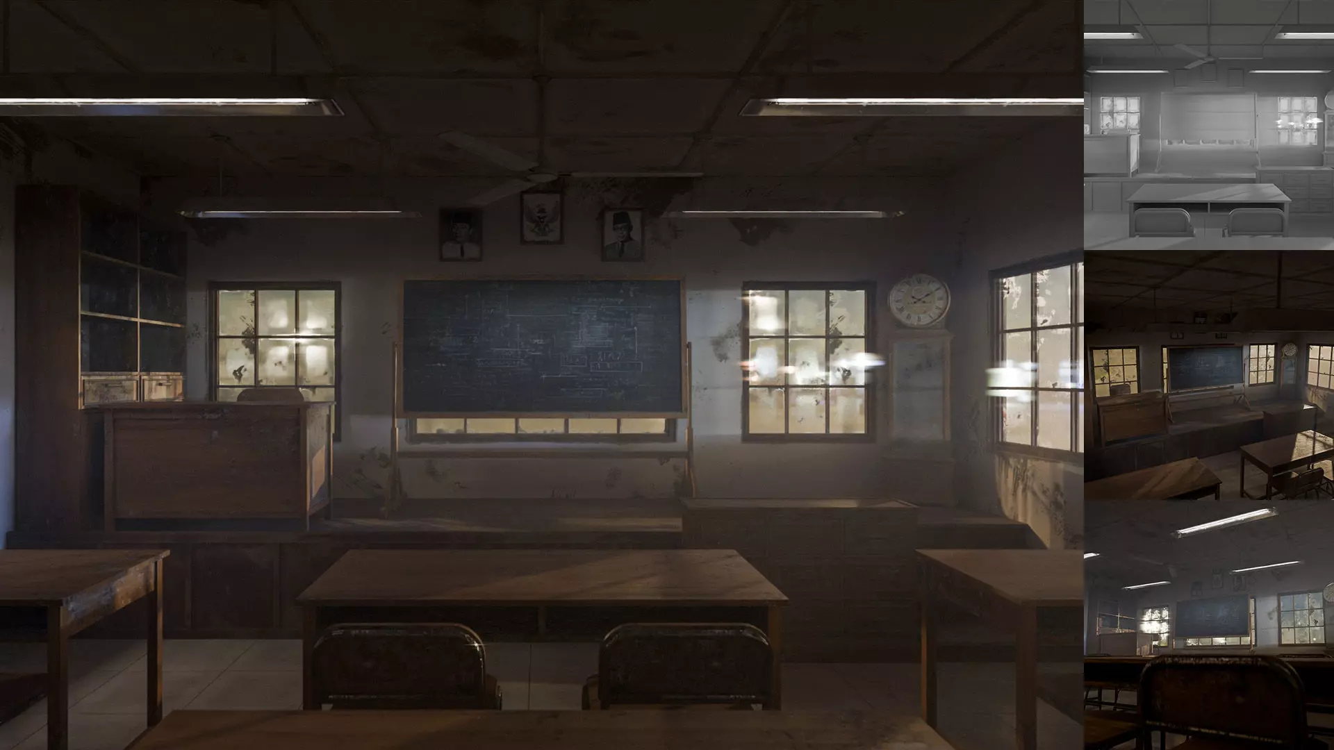 Abandoned classroom interior scene Low-poly 3D model_0