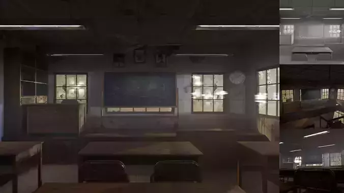 Abandoned classroom interior scene