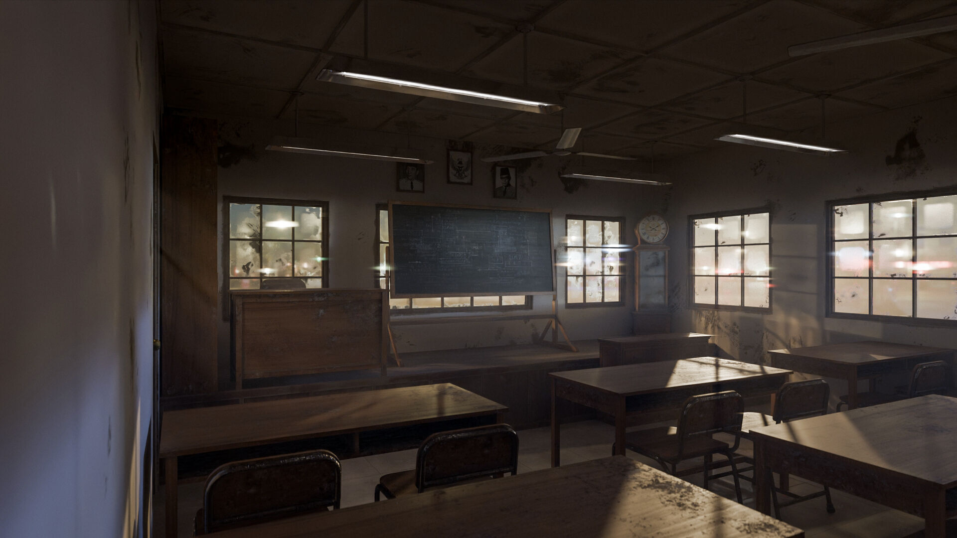 Abandoned classroom interior scene Low-poly 3D model_4