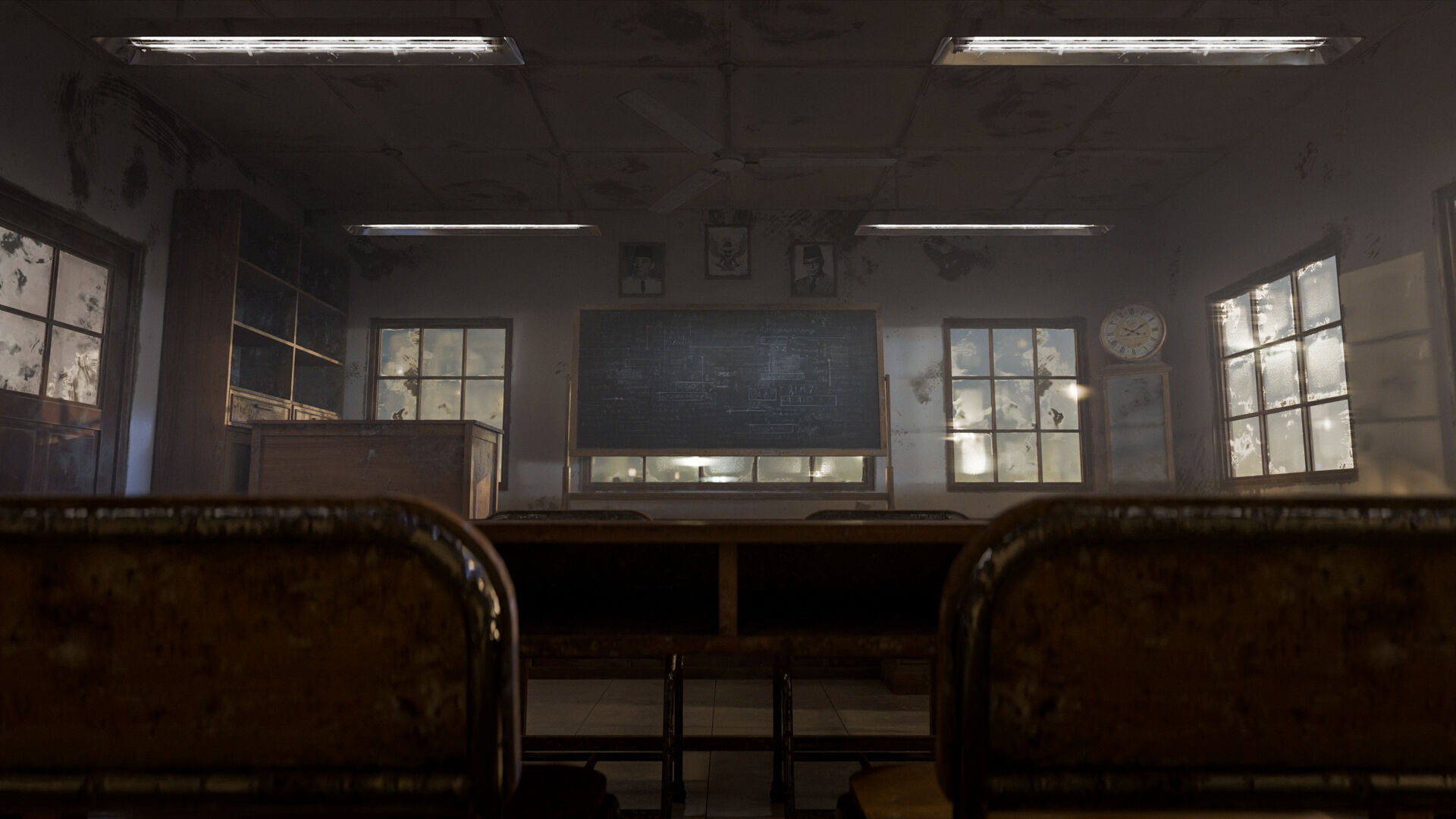 Abandoned classroom interior scene Low-poly 3D model_3