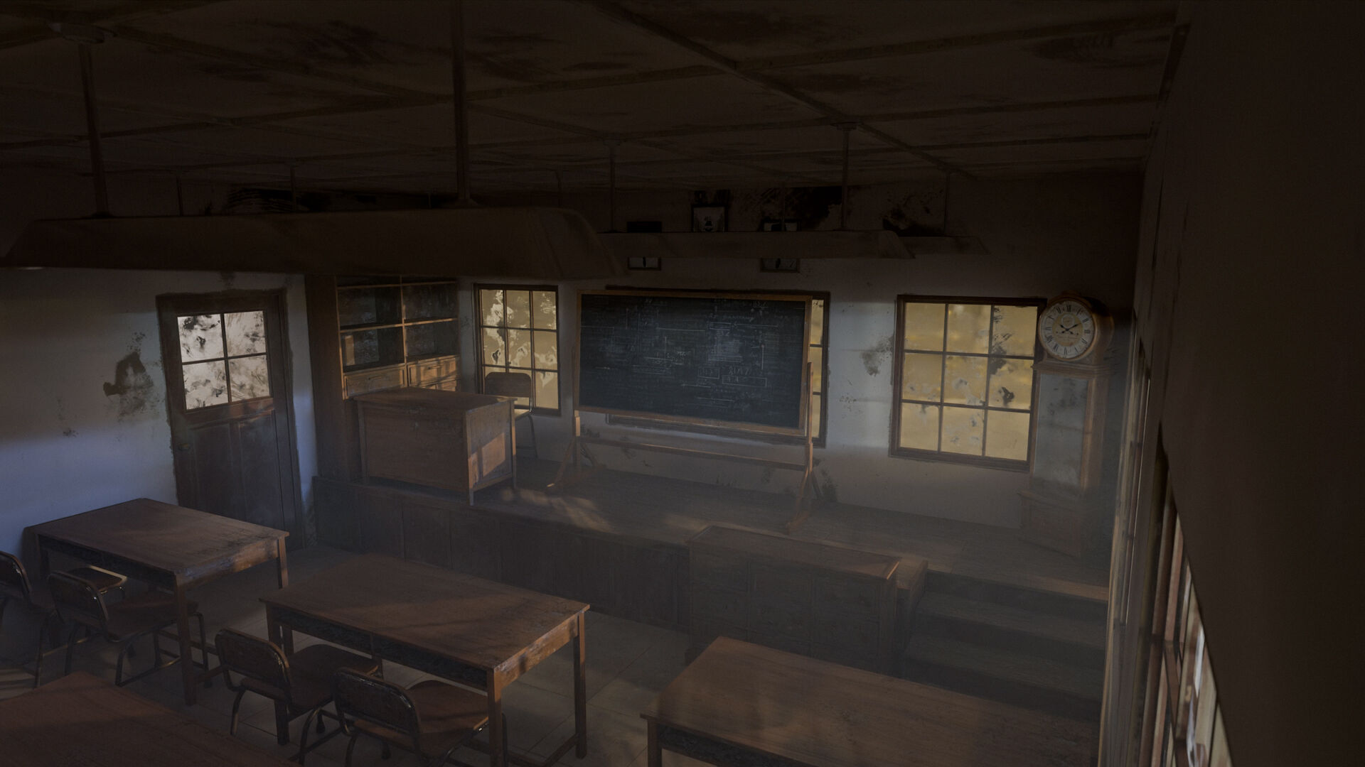 Abandoned classroom interior scene Low-poly 3D model_8