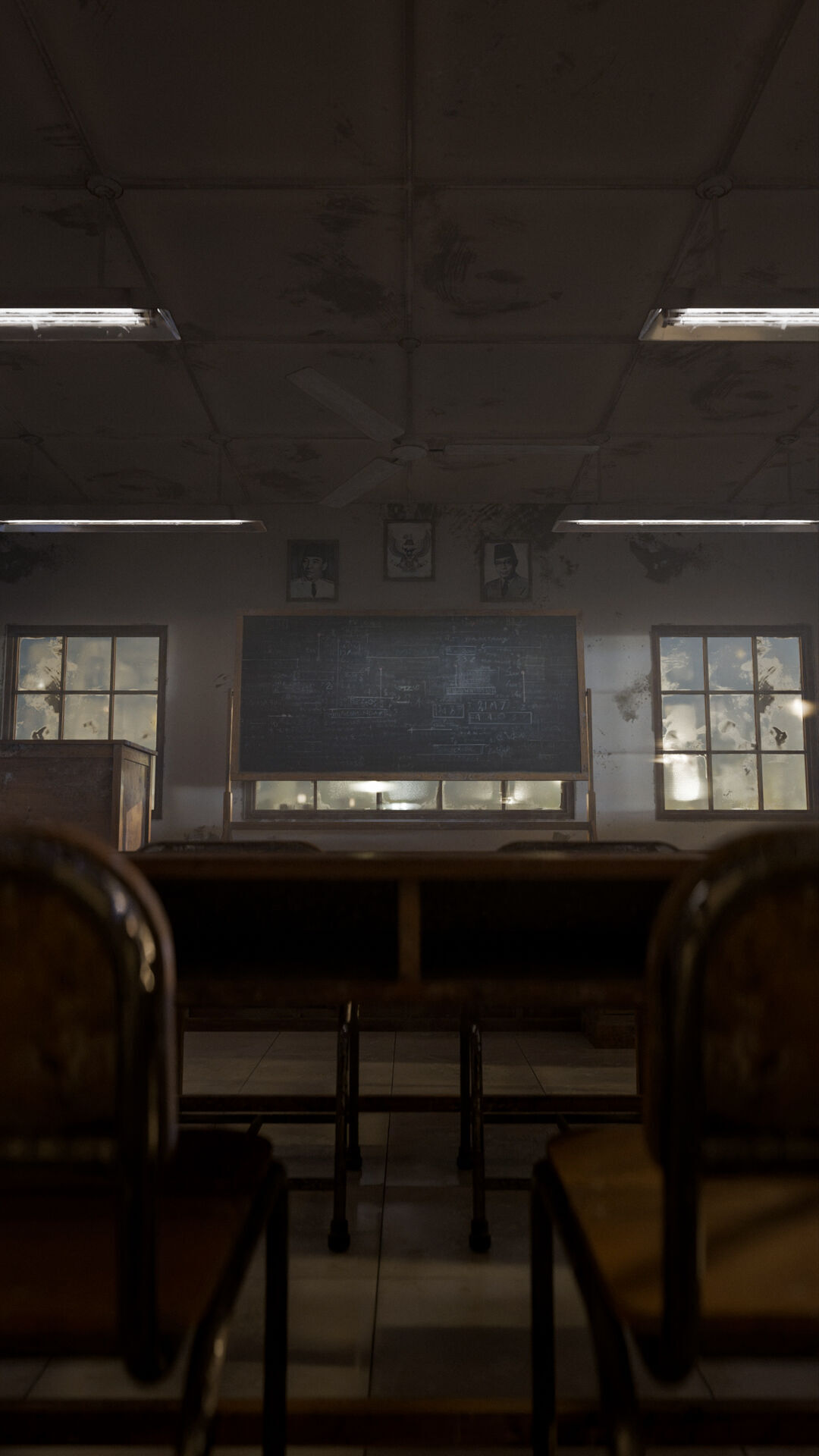 Abandoned classroom interior scene Low-poly 3D model_21