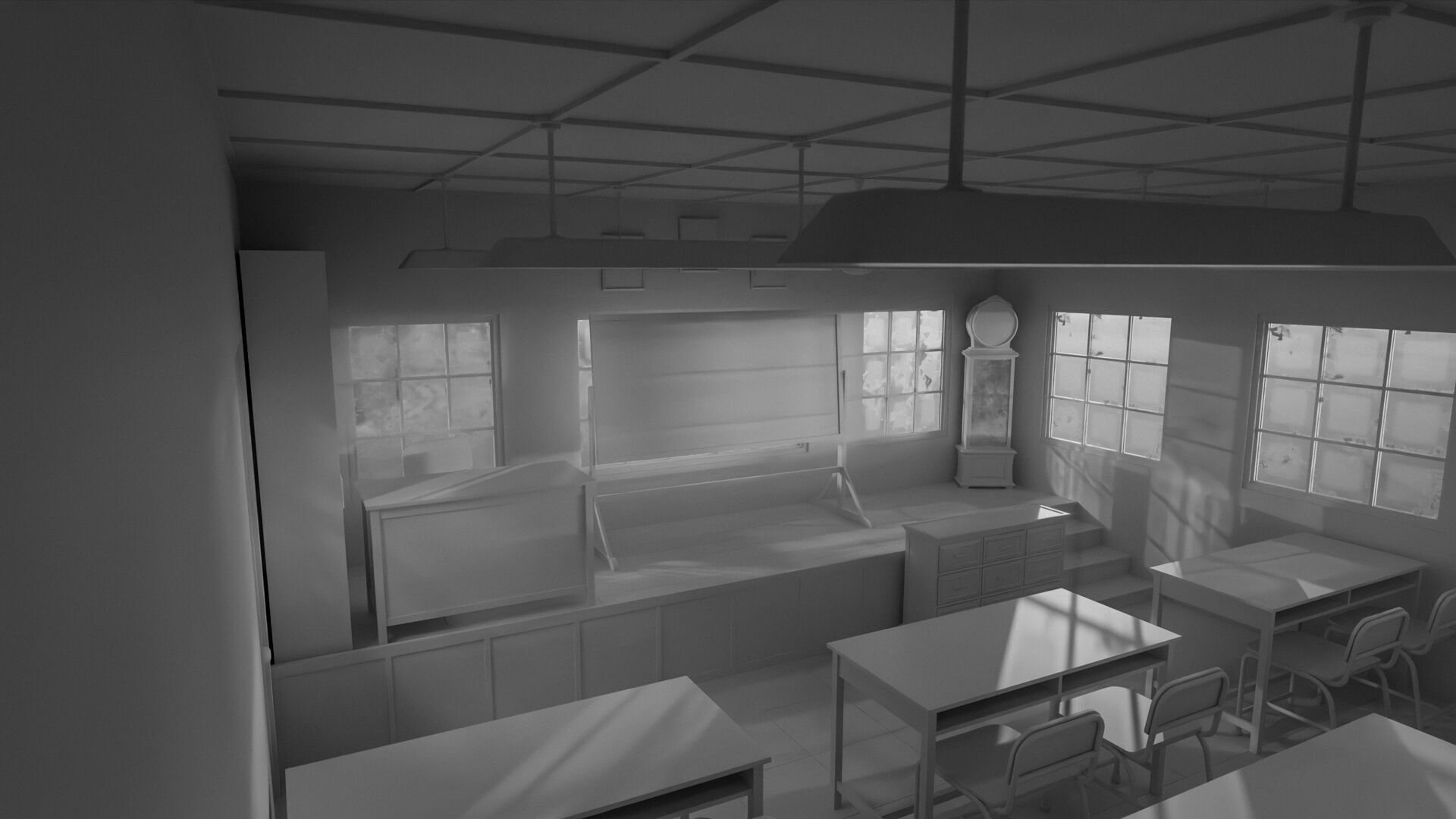 Abandoned classroom interior scene Low-poly 3D model_14