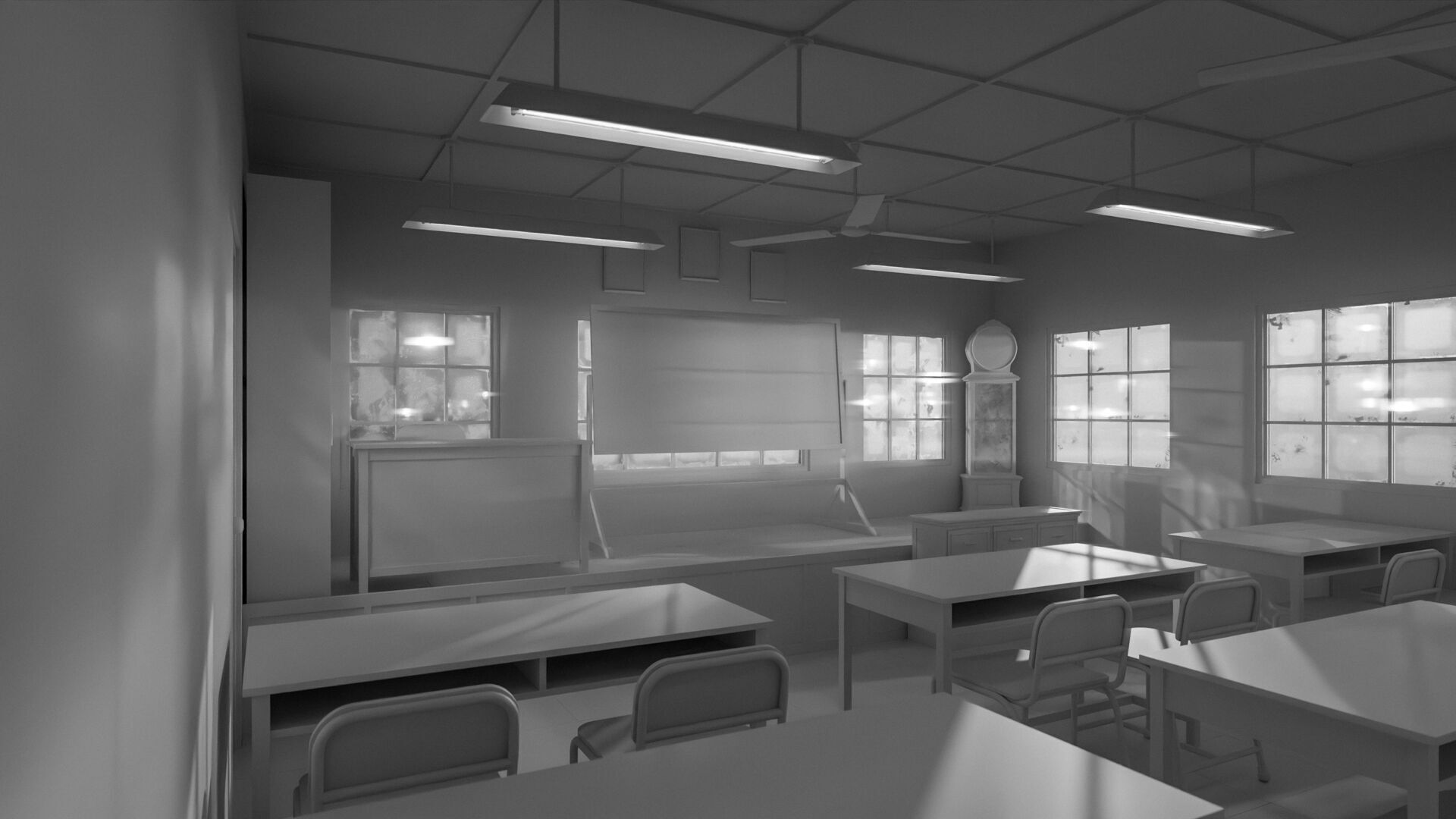 Abandoned classroom interior scene Low-poly 3D model_13