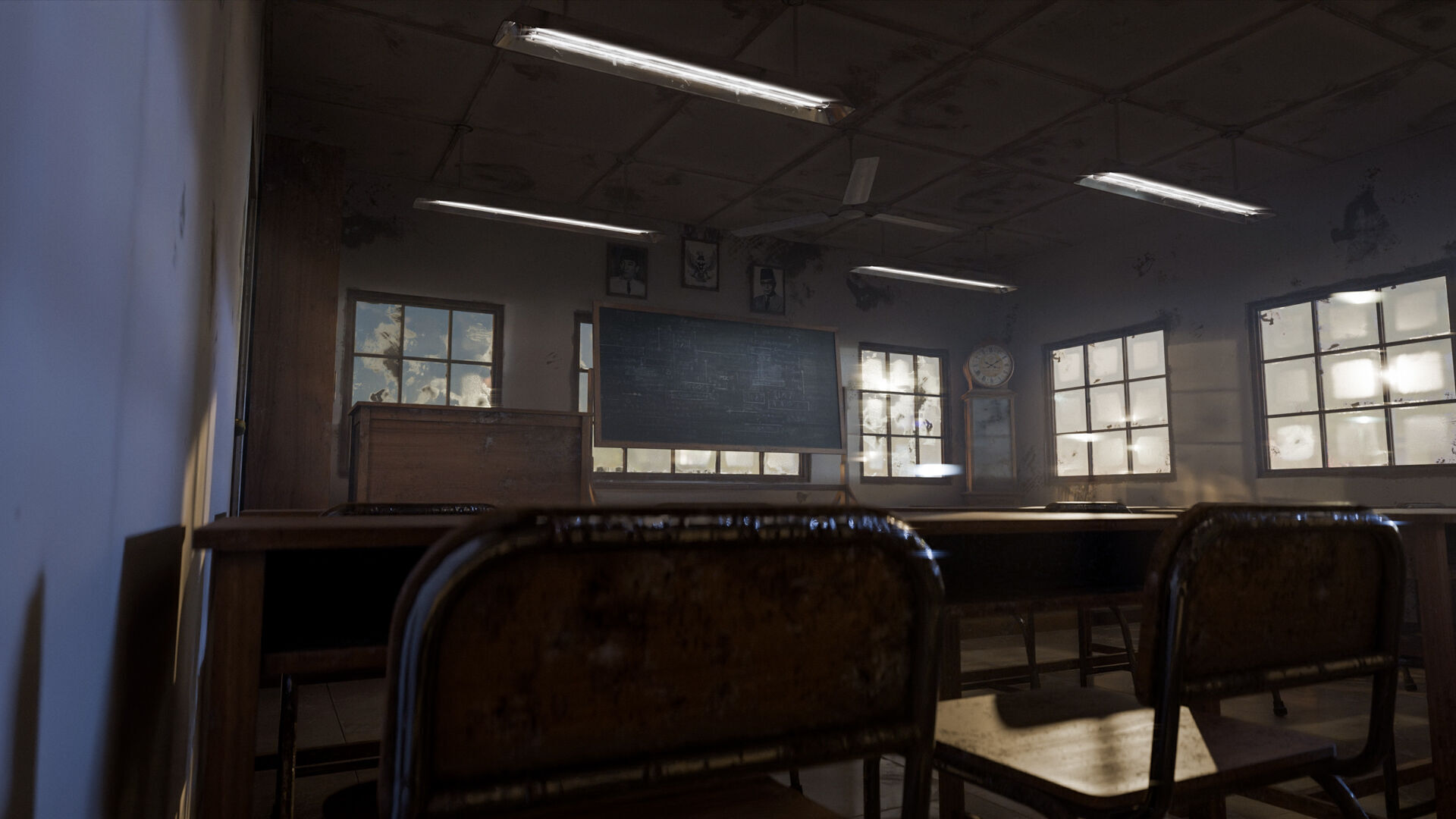 Abandoned classroom interior scene Low-poly 3D model_6
