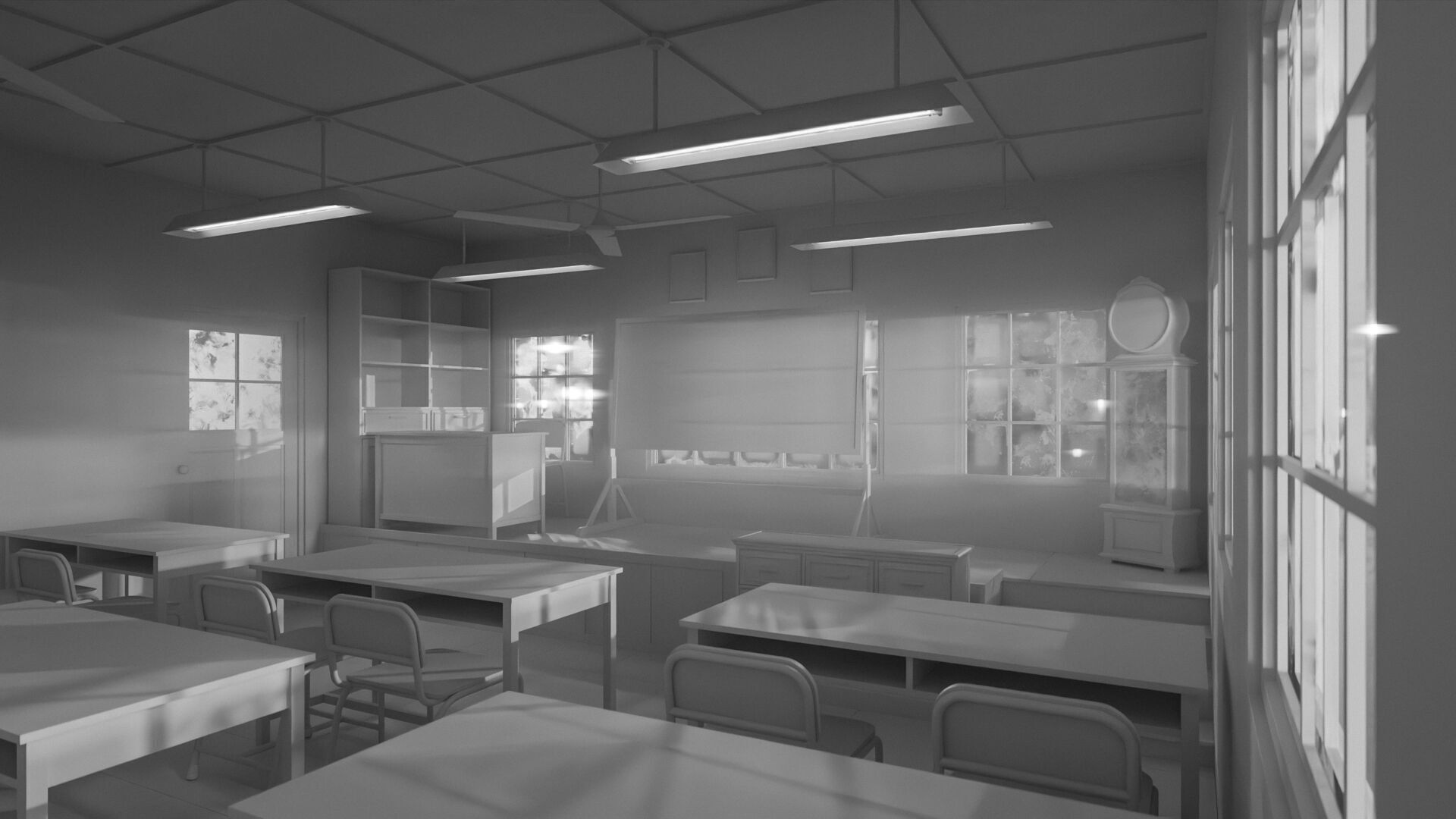 Abandoned classroom interior scene Low-poly 3D model_16