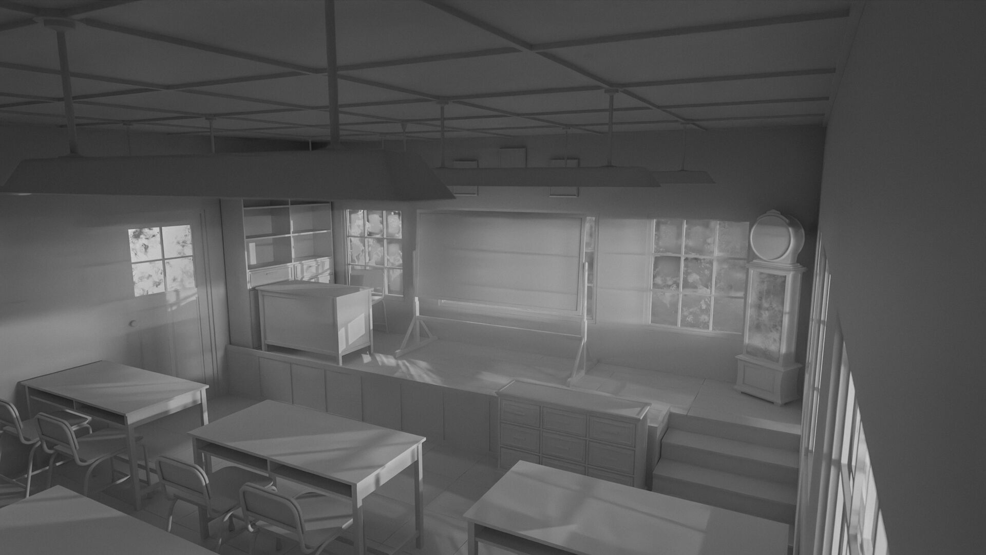 Abandoned classroom interior scene Low-poly 3D model_17