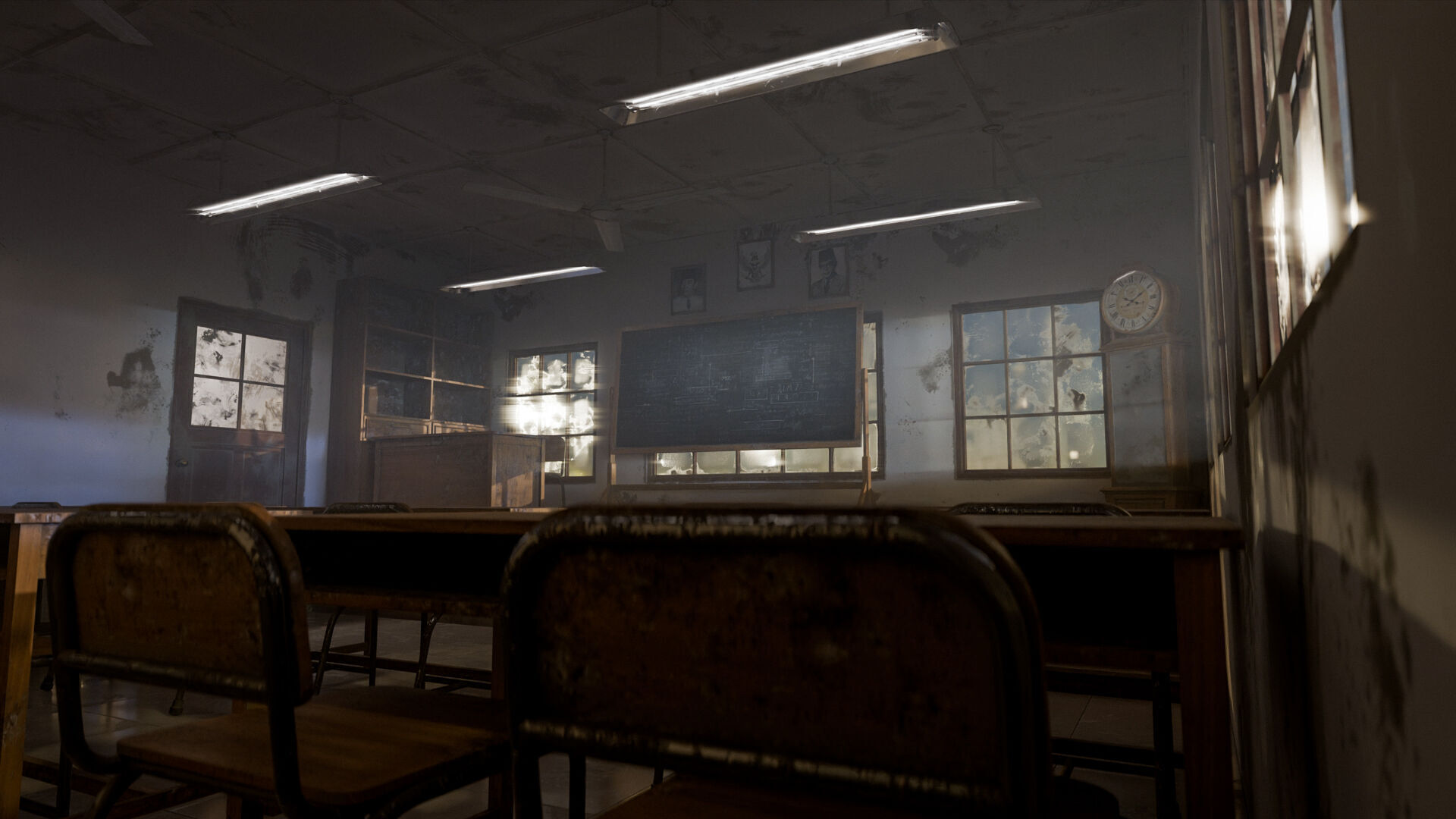 Abandoned classroom interior scene Low-poly 3D model_9