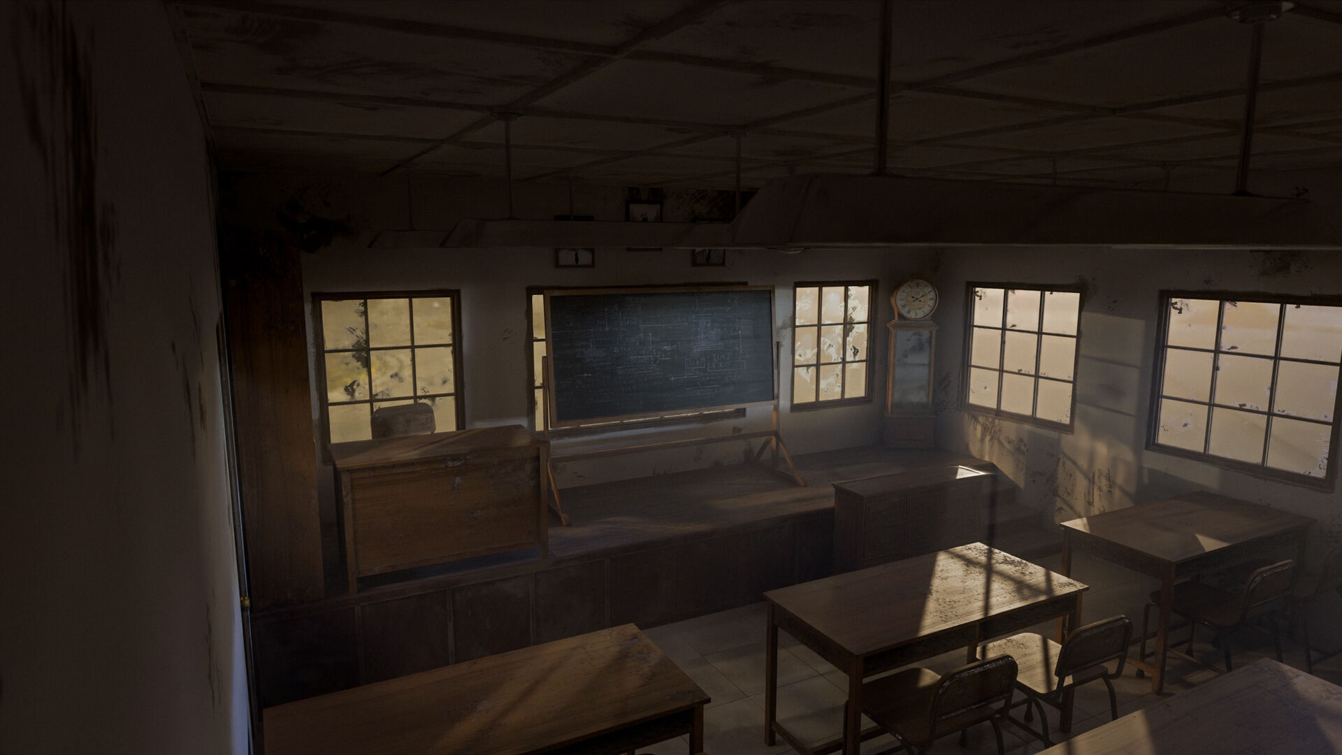 Abandoned classroom interior scene Low-poly 3D model_5