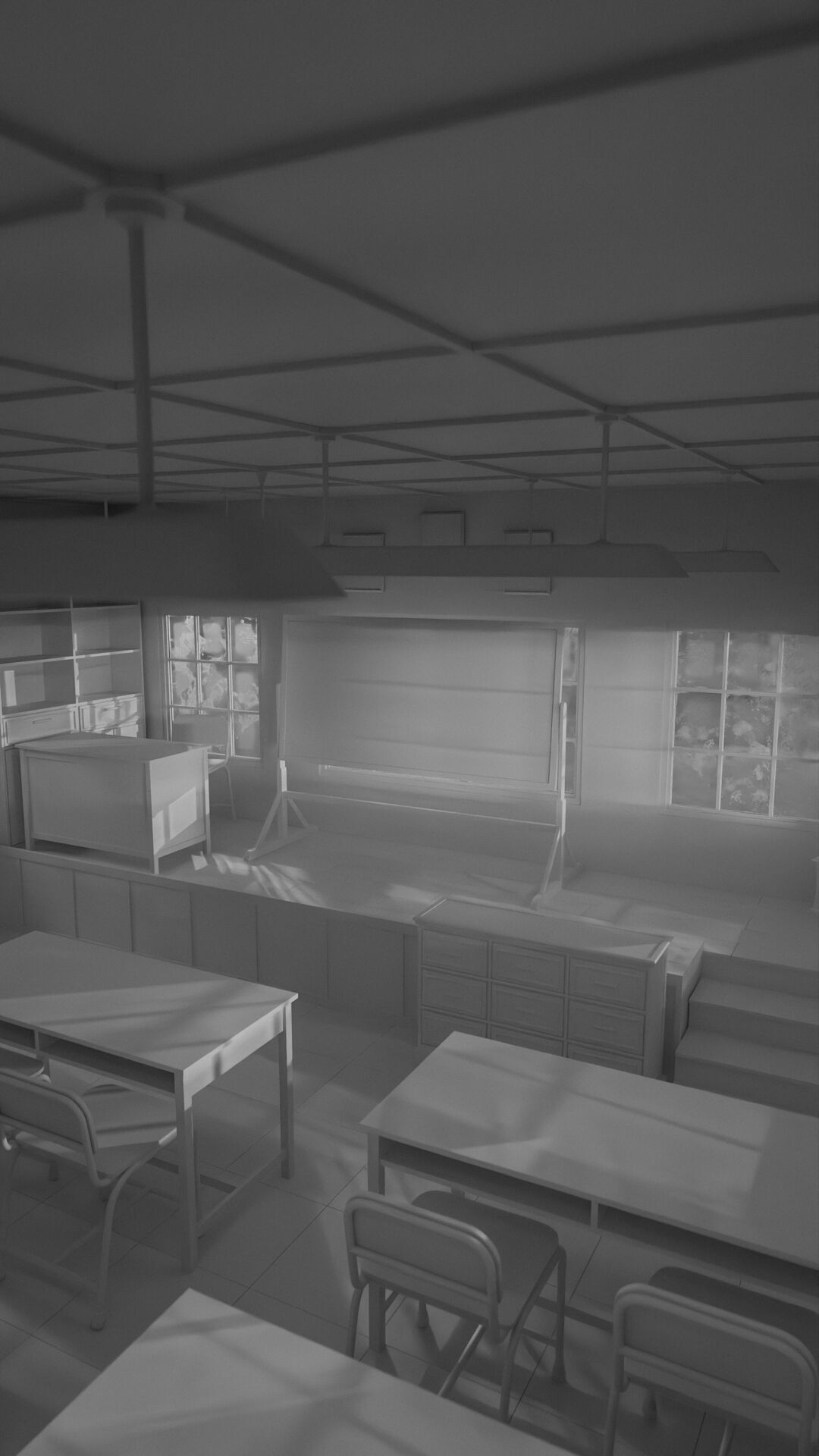 Abandoned classroom interior scene Low-poly 3D model_35