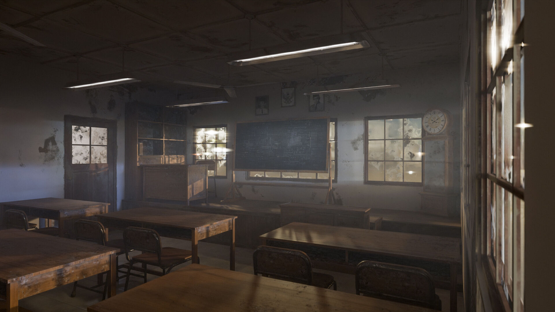 Abandoned classroom interior scene Low-poly 3D model_7