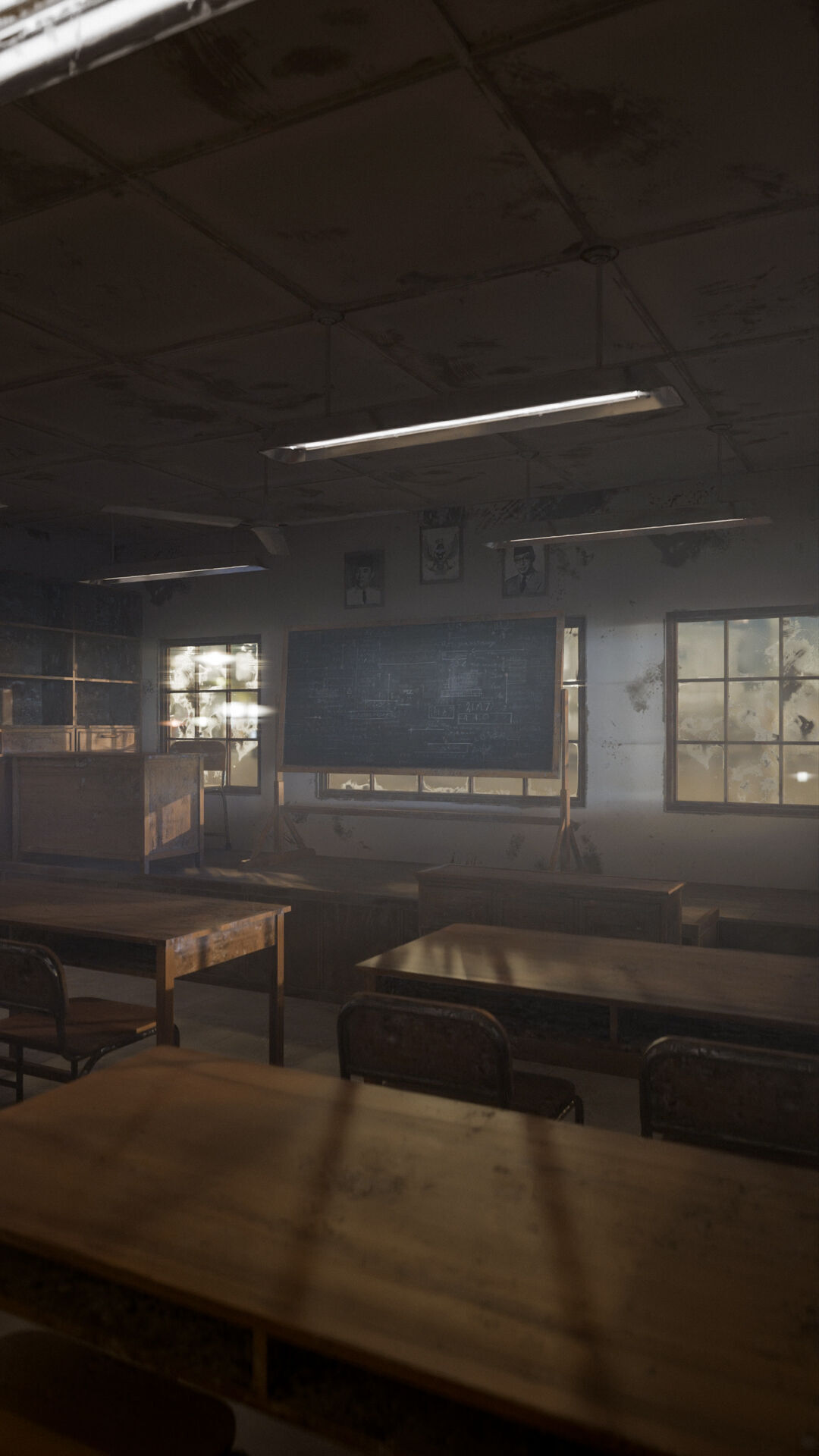 Abandoned classroom interior scene Low-poly 3D model_25