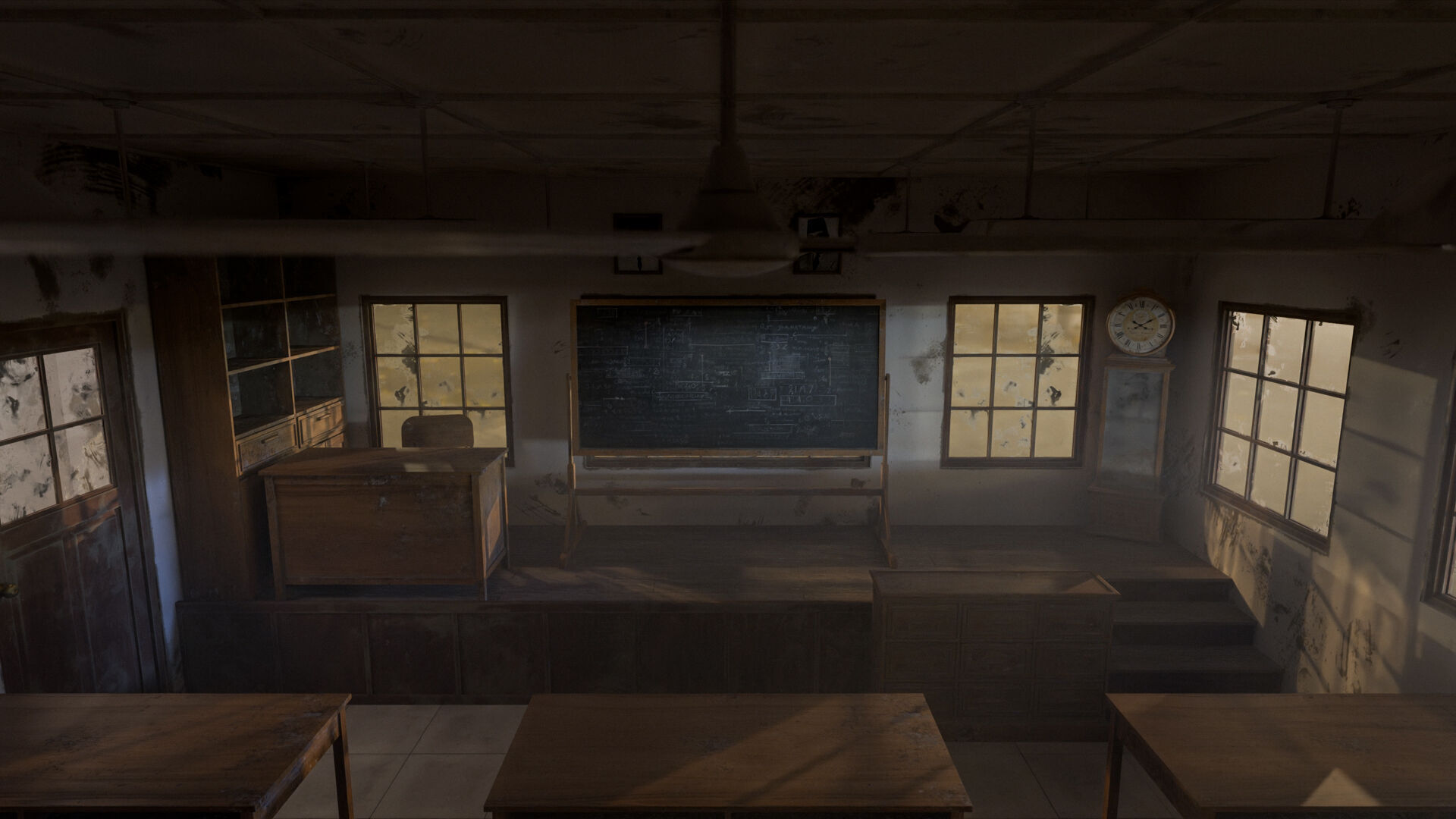 Abandoned classroom interior scene Low-poly 3D model_2