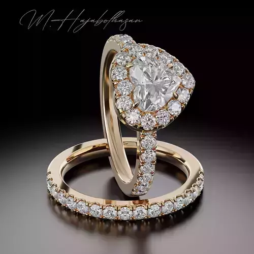 Heart Shaped Diamond Halo Engagement Ring Set-3D Printable