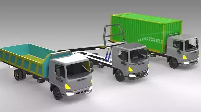 3 Trucks 3D Model  Dump Truck Container Carrier Flatbed Loader