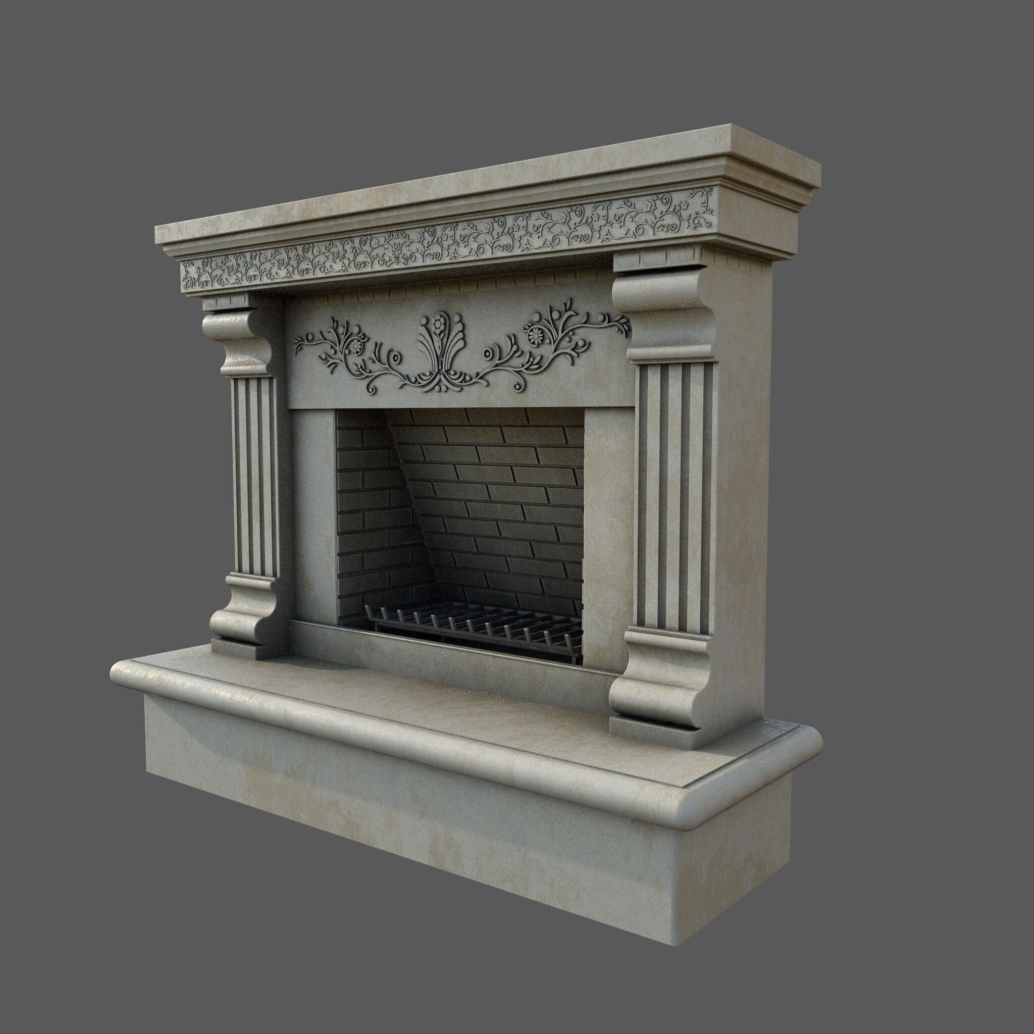 Neoclassical Ornate Fireplace with Fluted Pilasters 3D model_1