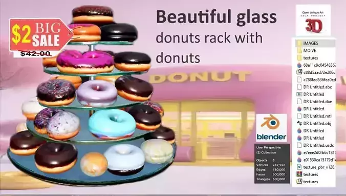 Glass Donut Rack with Donuts 3D Model