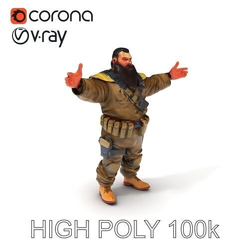 Bearded Soldier D Model with Tactical Gear for Games Low-poly 3D model