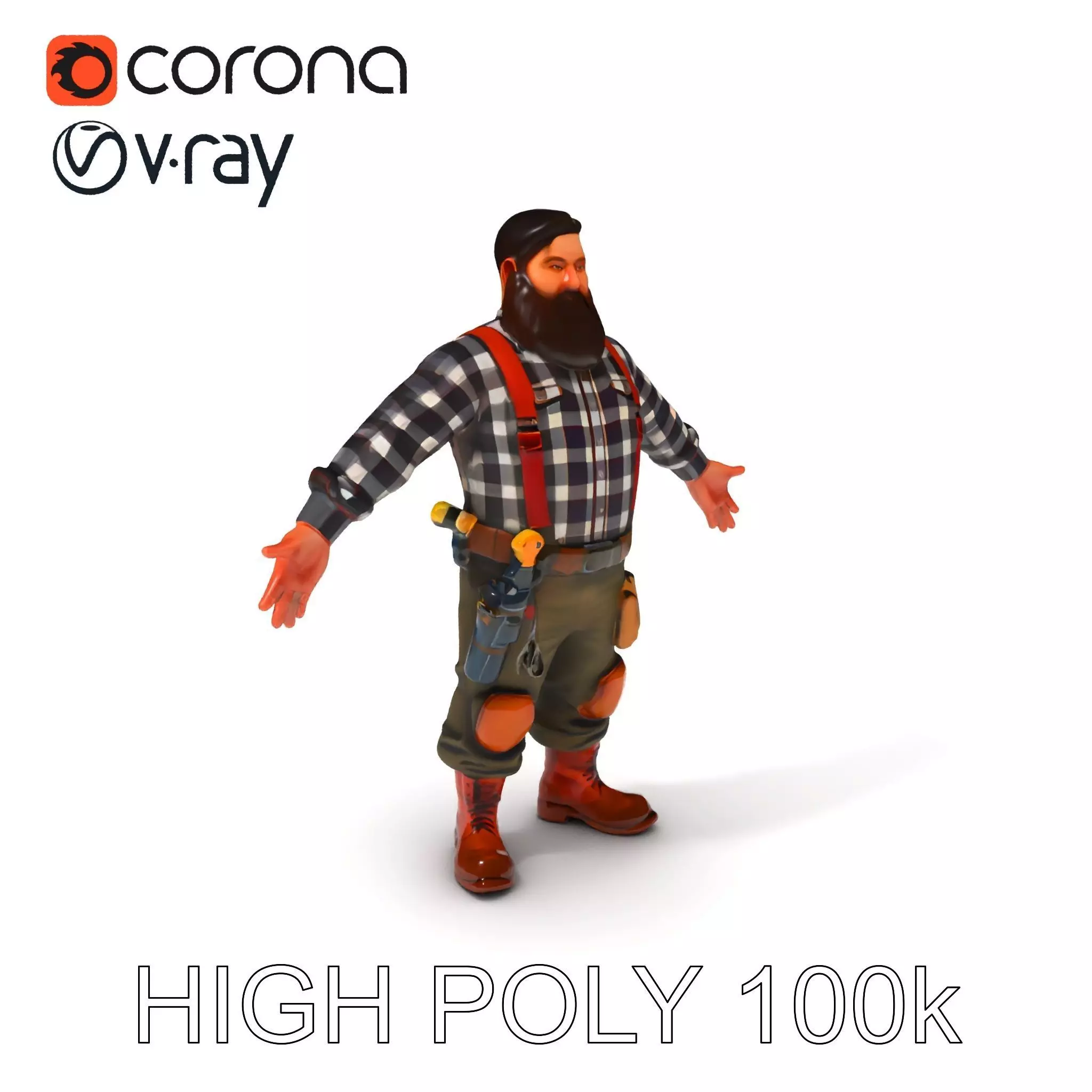 Rugged Craftsman D Model Bearded Lumberjack in Flannel Shirt Low-poly 3D model