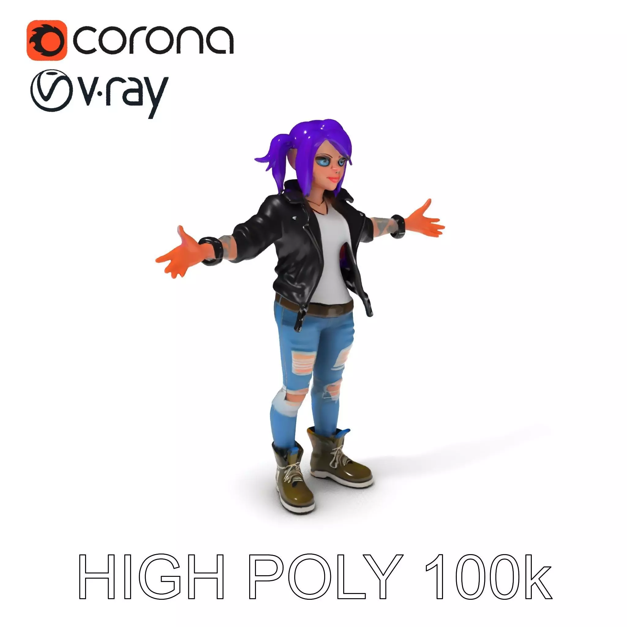 D Character Model Trendy Punk Girl with Purple Hair and Leat... Low-poly 3D model