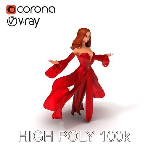 Elegant Enchantress in Flowing Red Dress D Character Model Low-poly 3D model